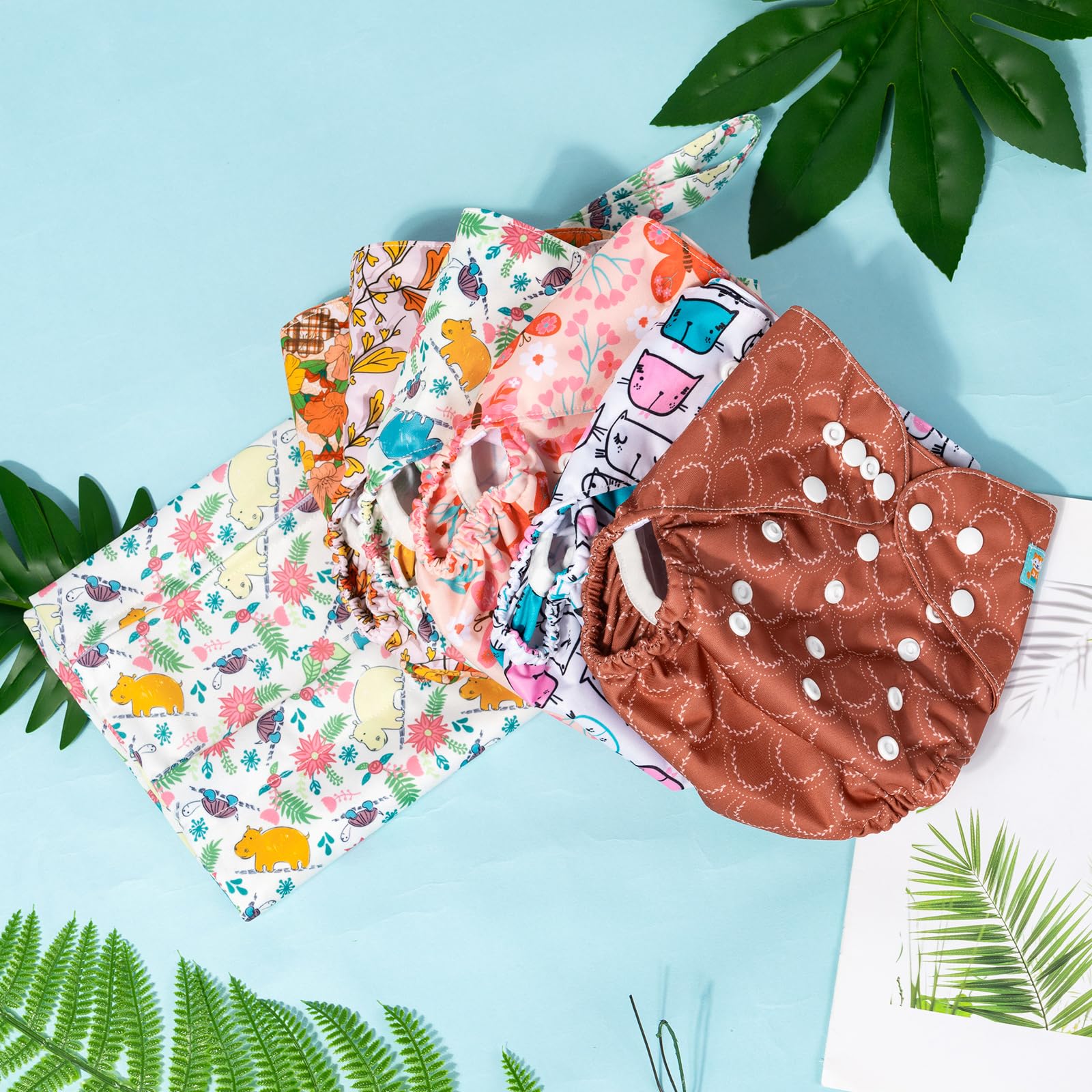 ALVABABY 6pcs Cloth Diaper Covers & 1 Wet Dry Bag, Reusable Cloth Diaper Shell for Prefold with Multi-Functional Bag