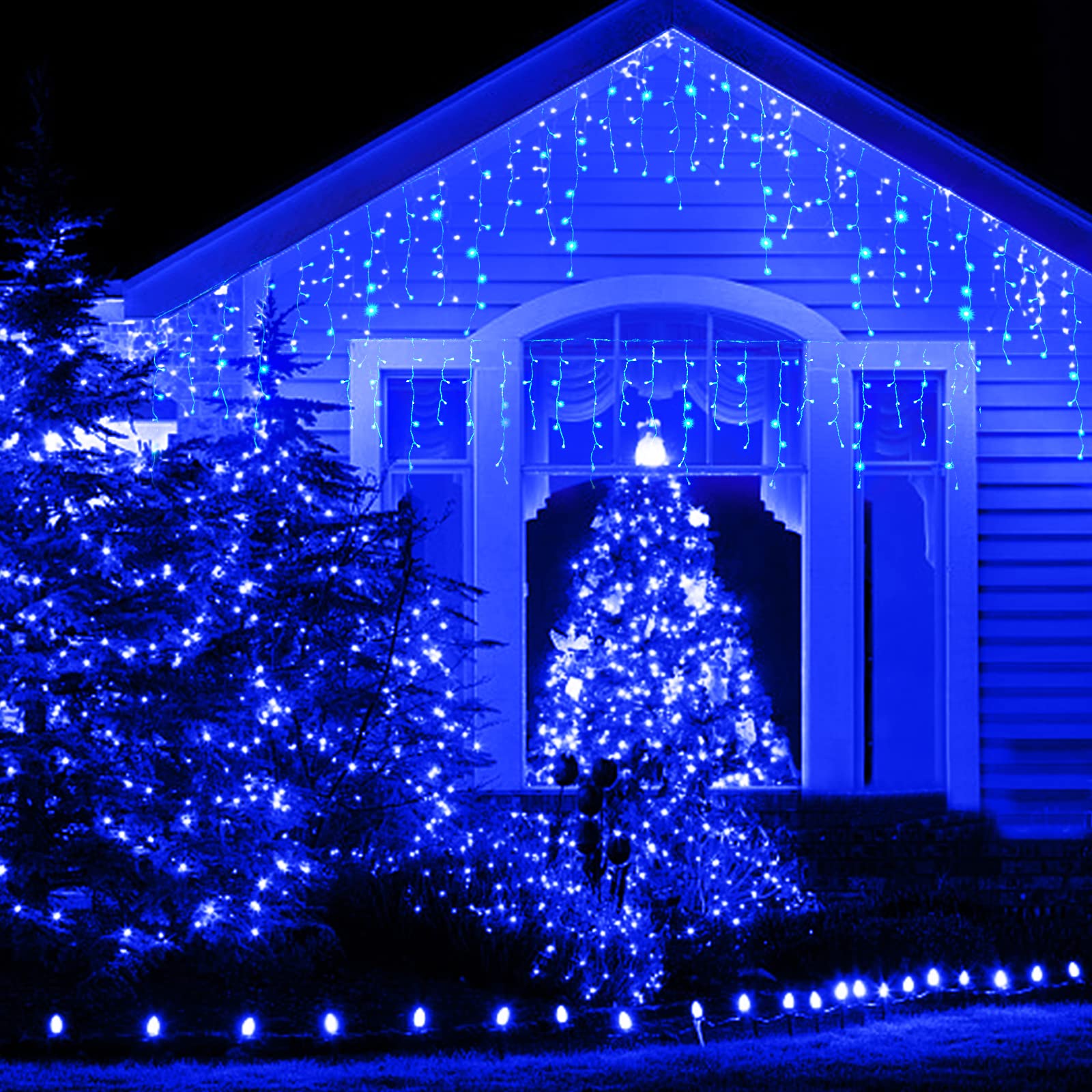 KiflyTooin Led Christmas Lights Outdoor Christmas Decorations Hanging Lights 400LED 8 Modes 75 Drops, Waterproof Outdoor Indoor Fairy Christmas Lights for Party, Holiday, Wedding Decorations (Blue)