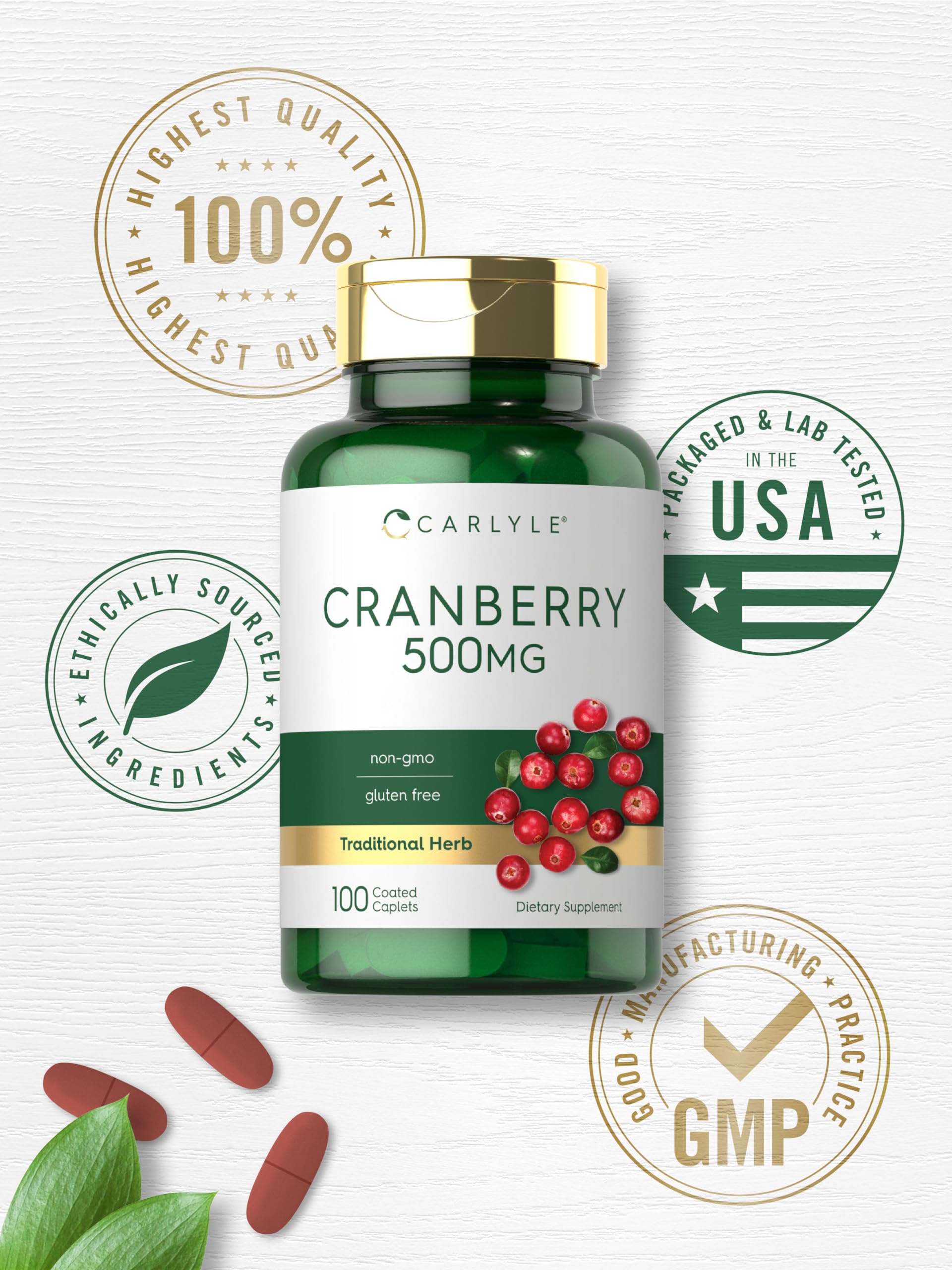 Carlyle Cranberry Pills | 500mg | 100 Caplets | Non-GMO, Gluten Free Supplement