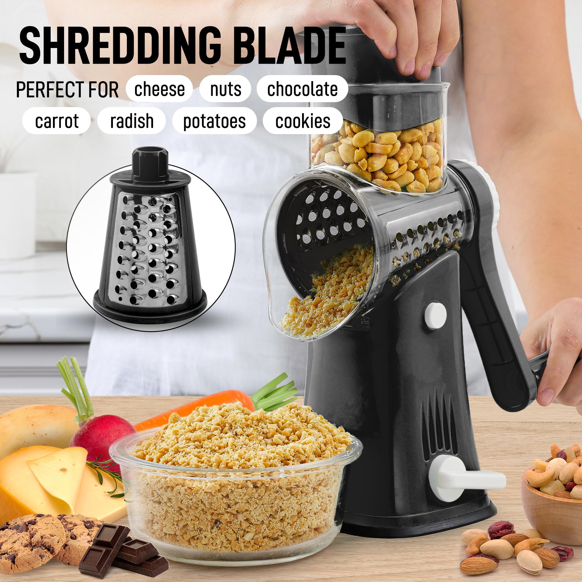 Zulay Rotary Cheese Grater 5 Blade Cheese Shredder - Manual Hand Crank Cheese Grater With Reinforced Suction & 5 Interchangeable Drums - Easy to Use, Vegetable Chopper Round Mandoline Slicer - Black