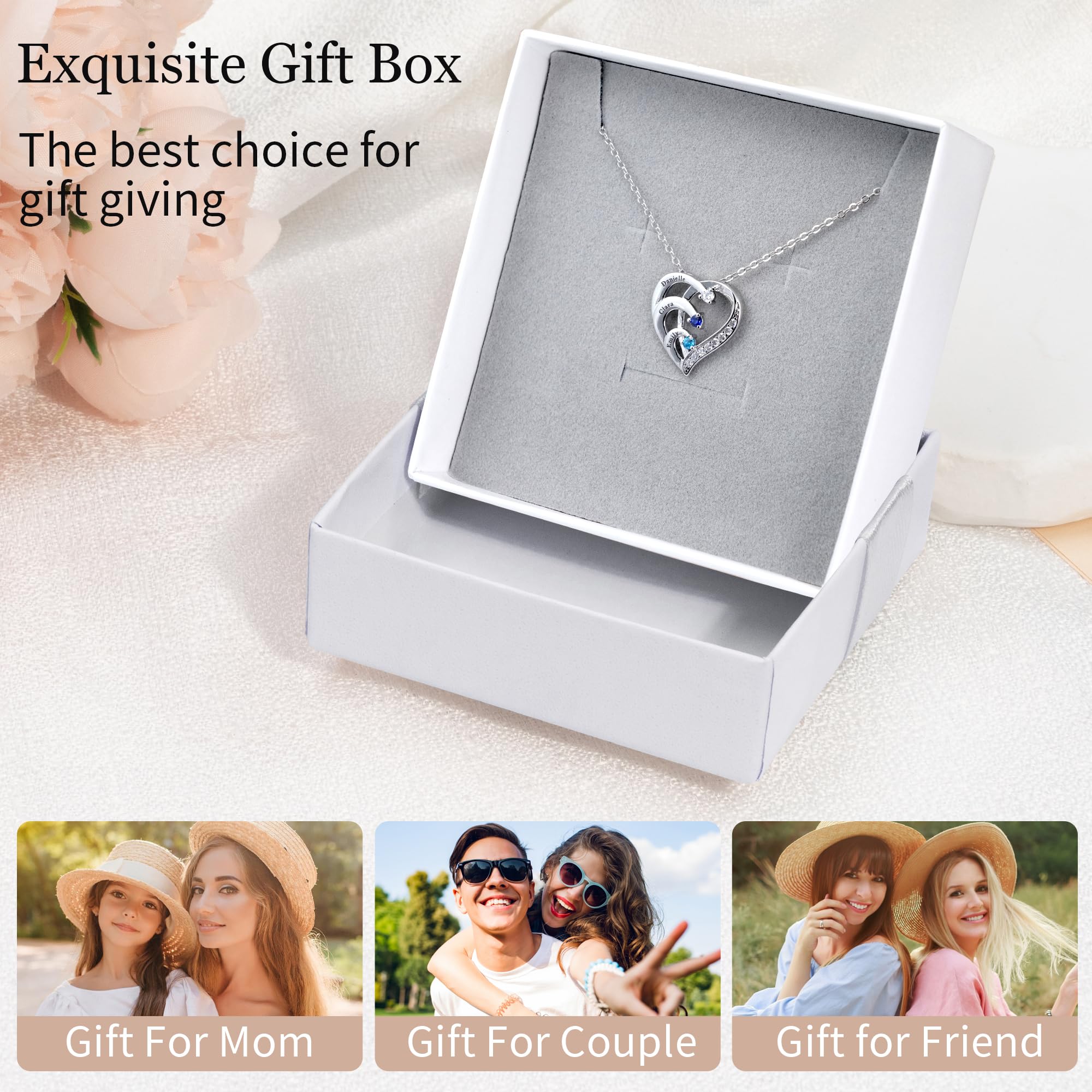 Easycosy Personalized 3 Names Necklace with Simulated Birthstones Custom Promise Necklace Heart Pendant with Engraved Names - Anniversary Birthday Christmas Jewelry Gifts for Women Mom Grandma Wife