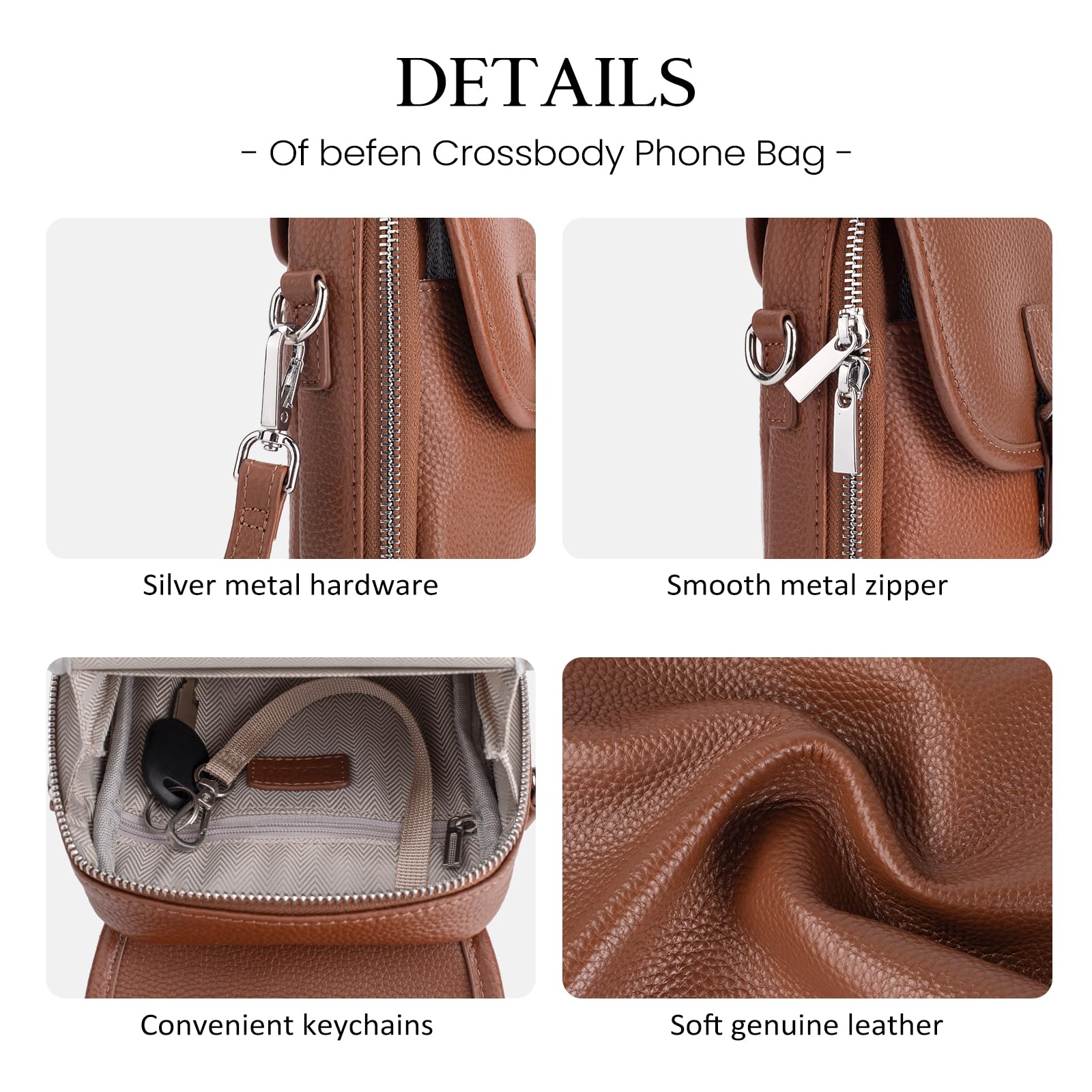befen Soft Real Leather Small Crossbody Bags for Women, Woman Anti-Theft Phone Purse Shoulder Bag Handbags with RFID Card Slots Cognac Brown