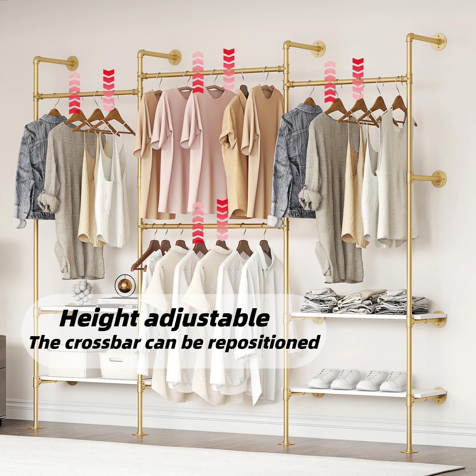 Woskar Industrial Pipe Clothing Rack, Wall Mounted Clothes Rack for Hanging Clothes, Retail Display Rack with Shelves, Add Corner installation Method (Gold, III-2Tier)