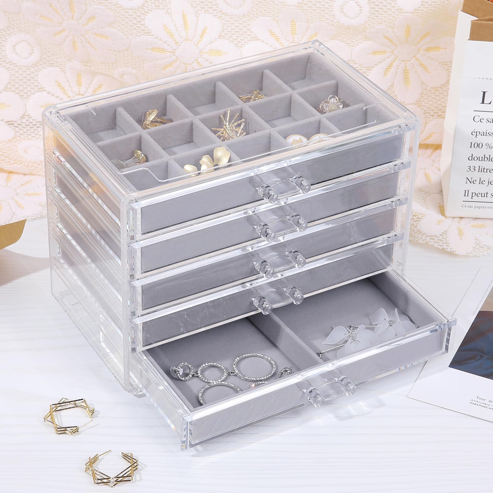 misaya Earring Jewelry Organizer with 5 Drawers, Gift for Mom, Clear Acrylic Jewelry Box for Women, Velvet Earring Display Holder for Earrings Ring Bracelet Necklace, Gray