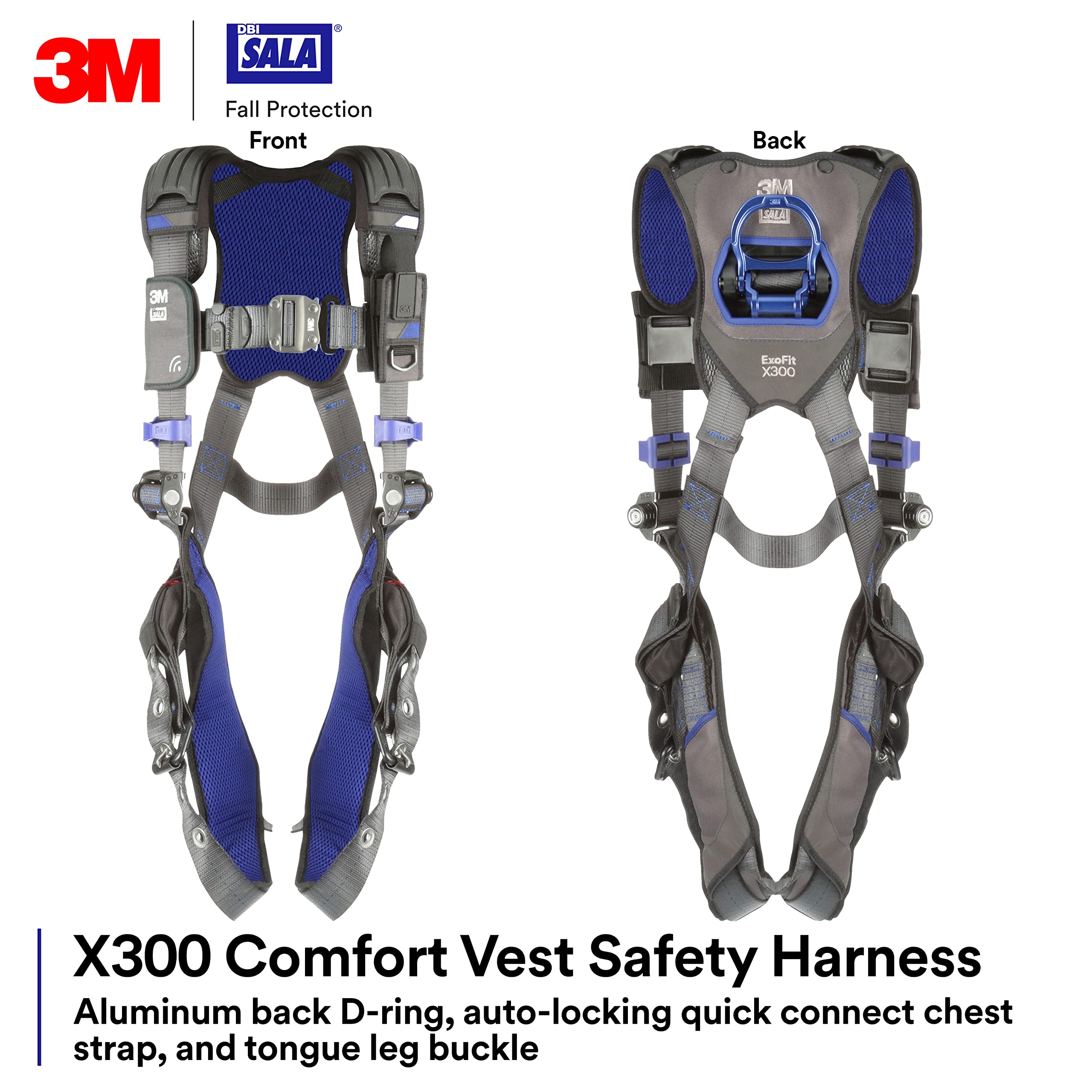 3M DBI-SALA ExoFit X300 Comfort Vest Safety Harness Fall Protection, General Industry, OSHA, ANSI, Tongue Buckle Leg Strap, Back D-Ring, Auto-Locking Quick-Connect Chest Buckle, 1140128, Medium