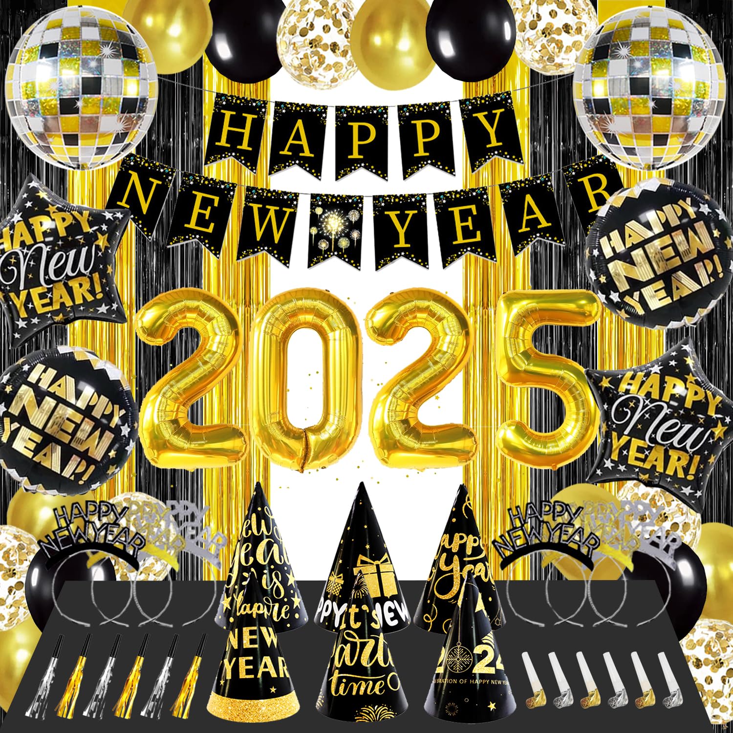 IMISHM Happy New Year Decorations 2025 New Years Party Decorations New Years Eve Party Supplies With Happy New Year Banner New Years Balloons Blowouts Squakers And Hats for New Years Decorations