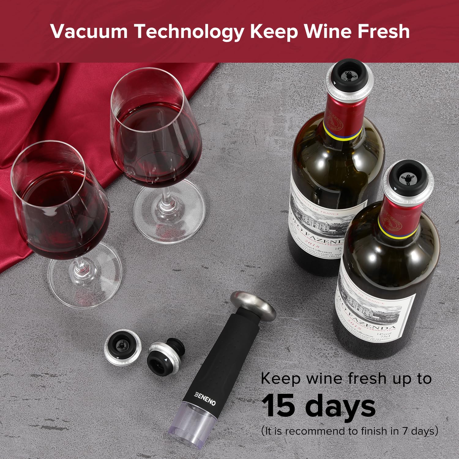 Beneno Wine Saver Vacuum Pump with 4 Vacuum Wine Bottle Stoppers Keep Wine Fresh, Reusable Silicone Vacuum Wine Sealer Wine Preserver for Wine Bottles, Ideal Wine Accessories Gift