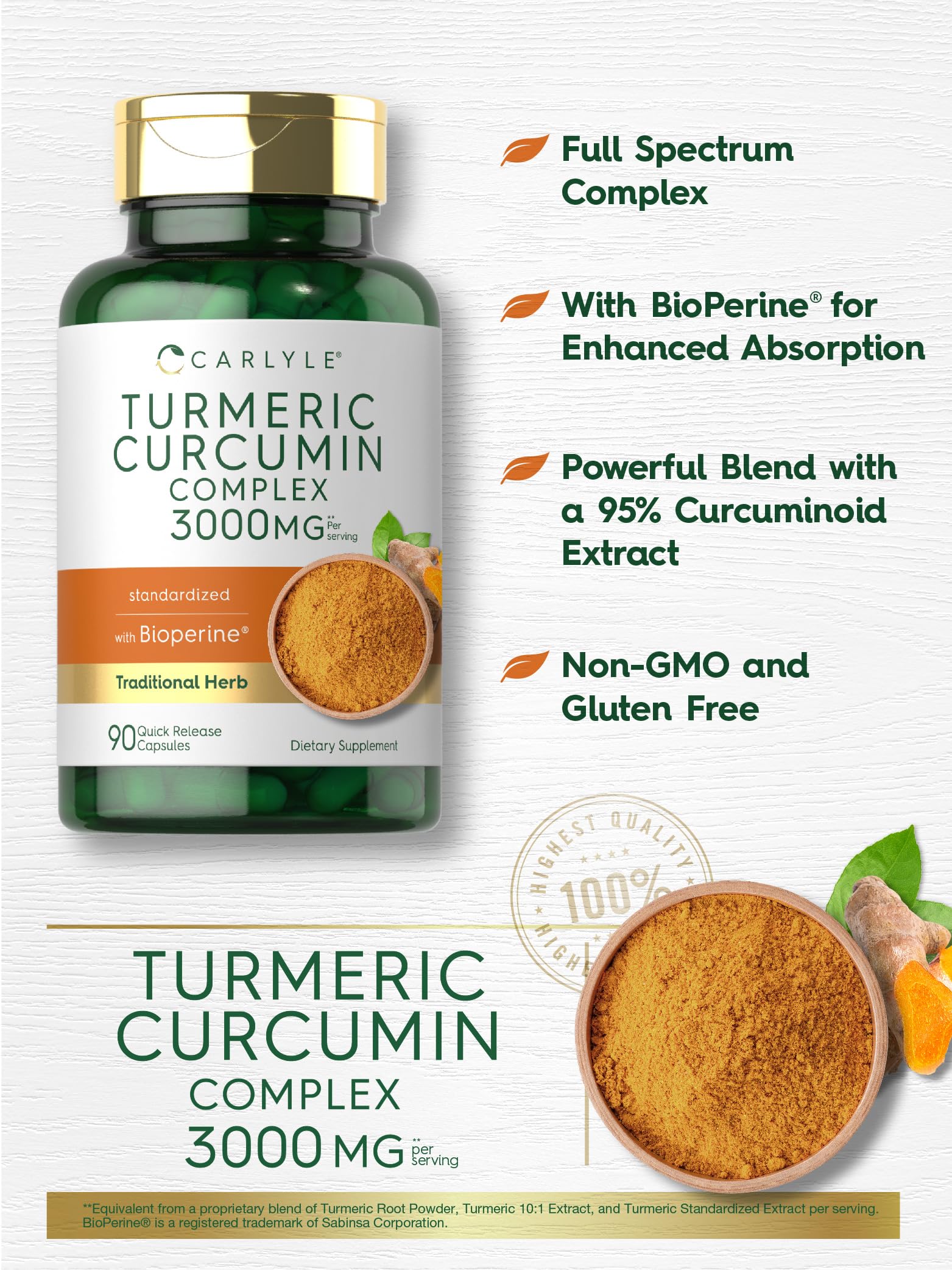 Carlyle Turmeric Curcumin with Black Pepper 3000mg | 90 Capsules | Turmeric Supplement with Bioperine | Non-GMO, Gluten Free Complex