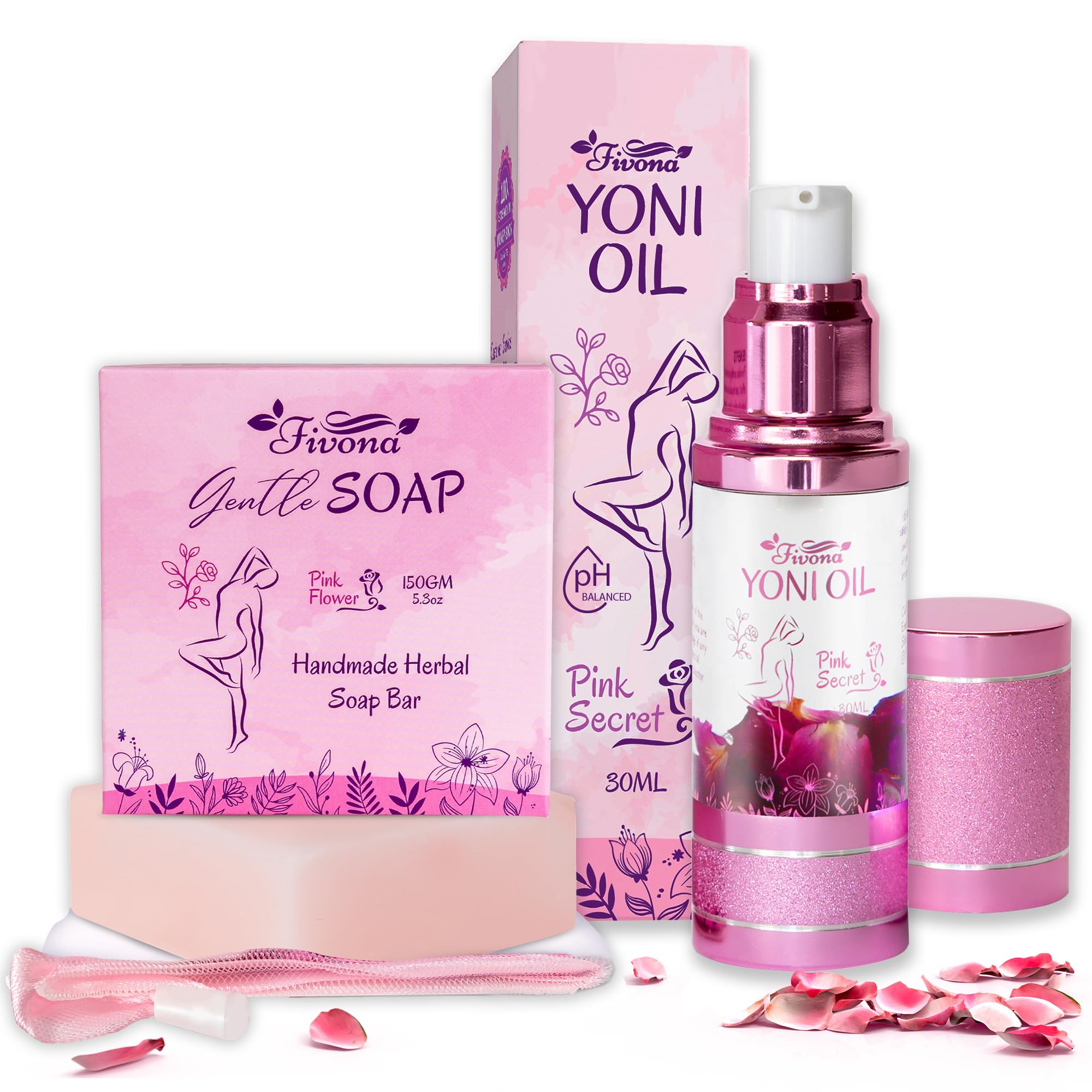 FIVONA 2 in 1 Set of Yoni Oil with Yoni Soap Bar - Feminine pH Balanced Natural Vaginal Oil 30 ml with Organic Herbal Soap 5.3 oz - Wash and Hygiene Care Bundle for Women