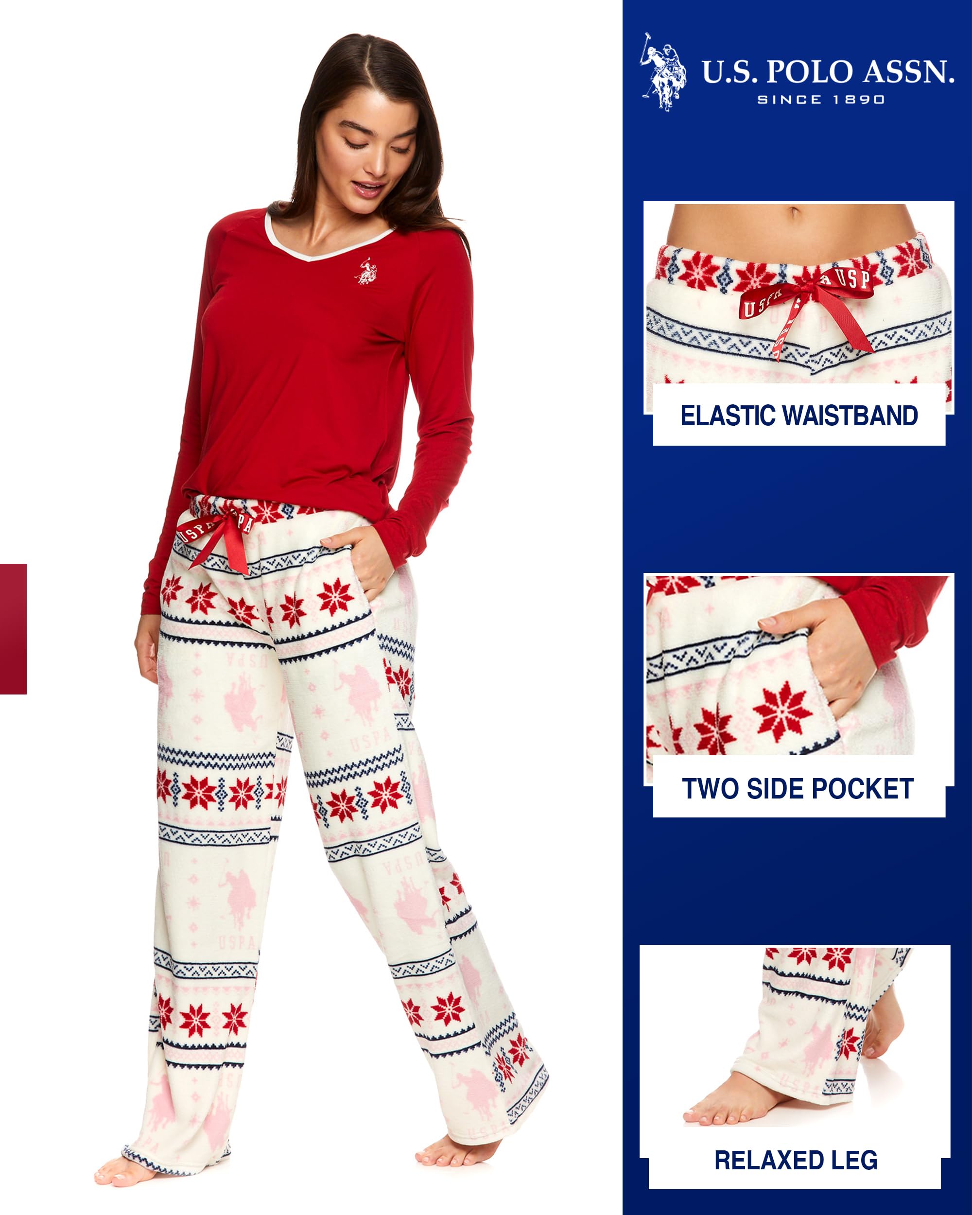 U.S. Polo Assn. Womens Pajama Sets, Fair Isle Pajama Sets for Women 2 Piece, Womens PJs Sets (Red, Large)