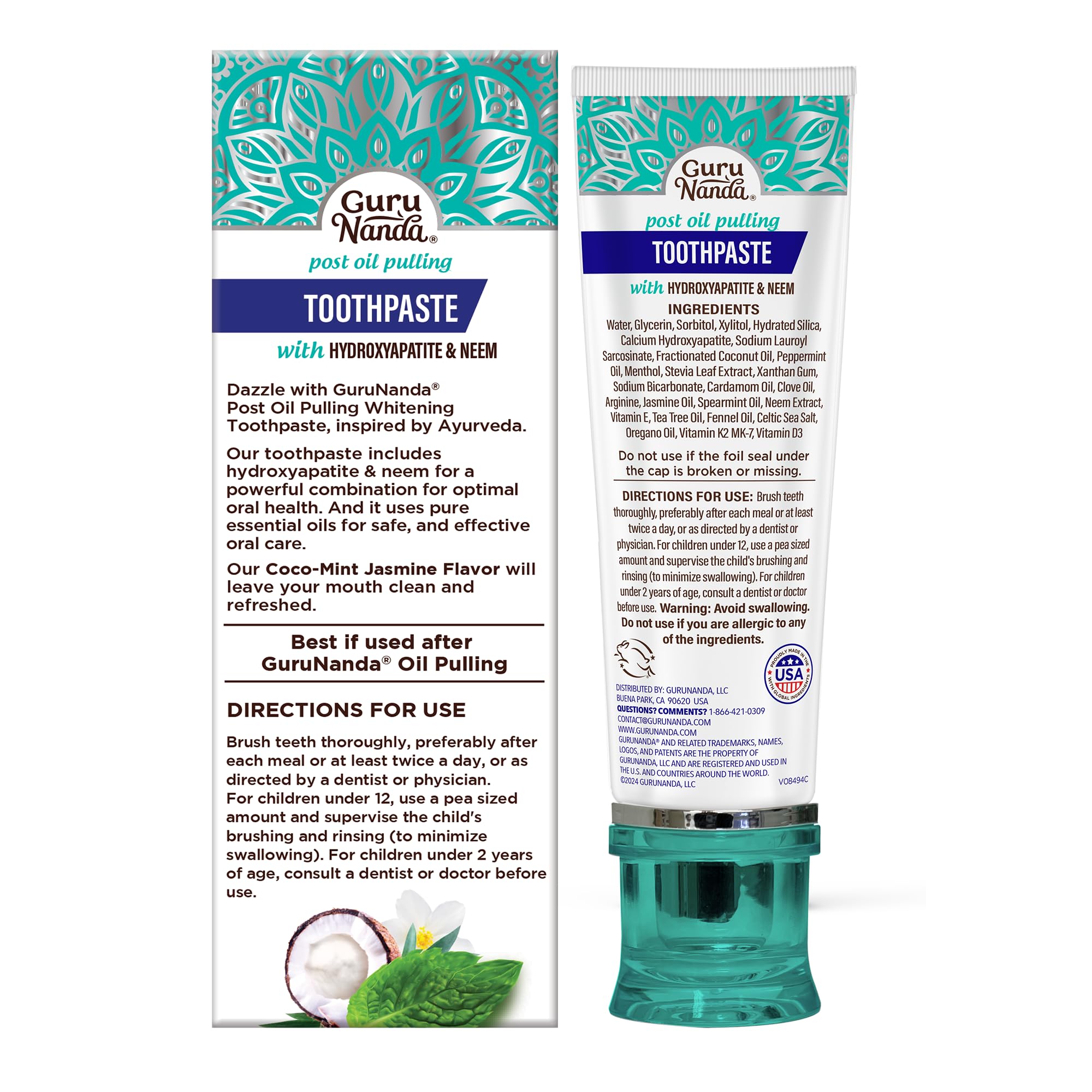 GuruNanda Hydroxyapatite Toothpaste, SLS & Fluoride Free, Whitening Toothpaste - Freshens Breath, Fights Plaque - Natural CocoMint Jasmine Neem, 4.2oz