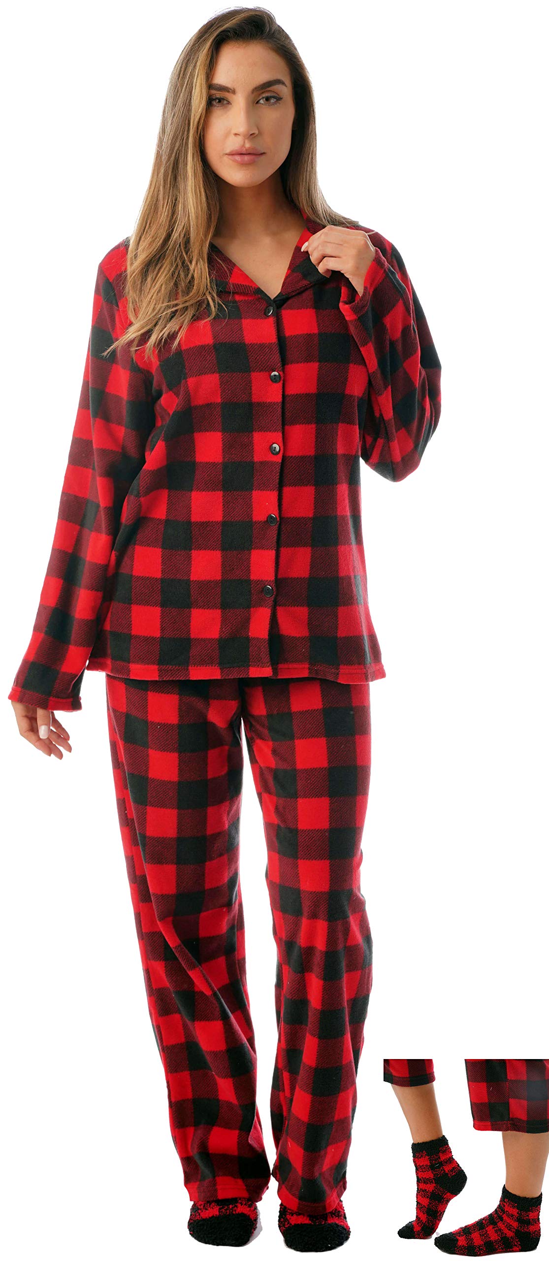 #followme Printed Microfleece Button Front PJ Pant Set with Socks 6370-10195-2X, Red Black - Buffalo Plaid