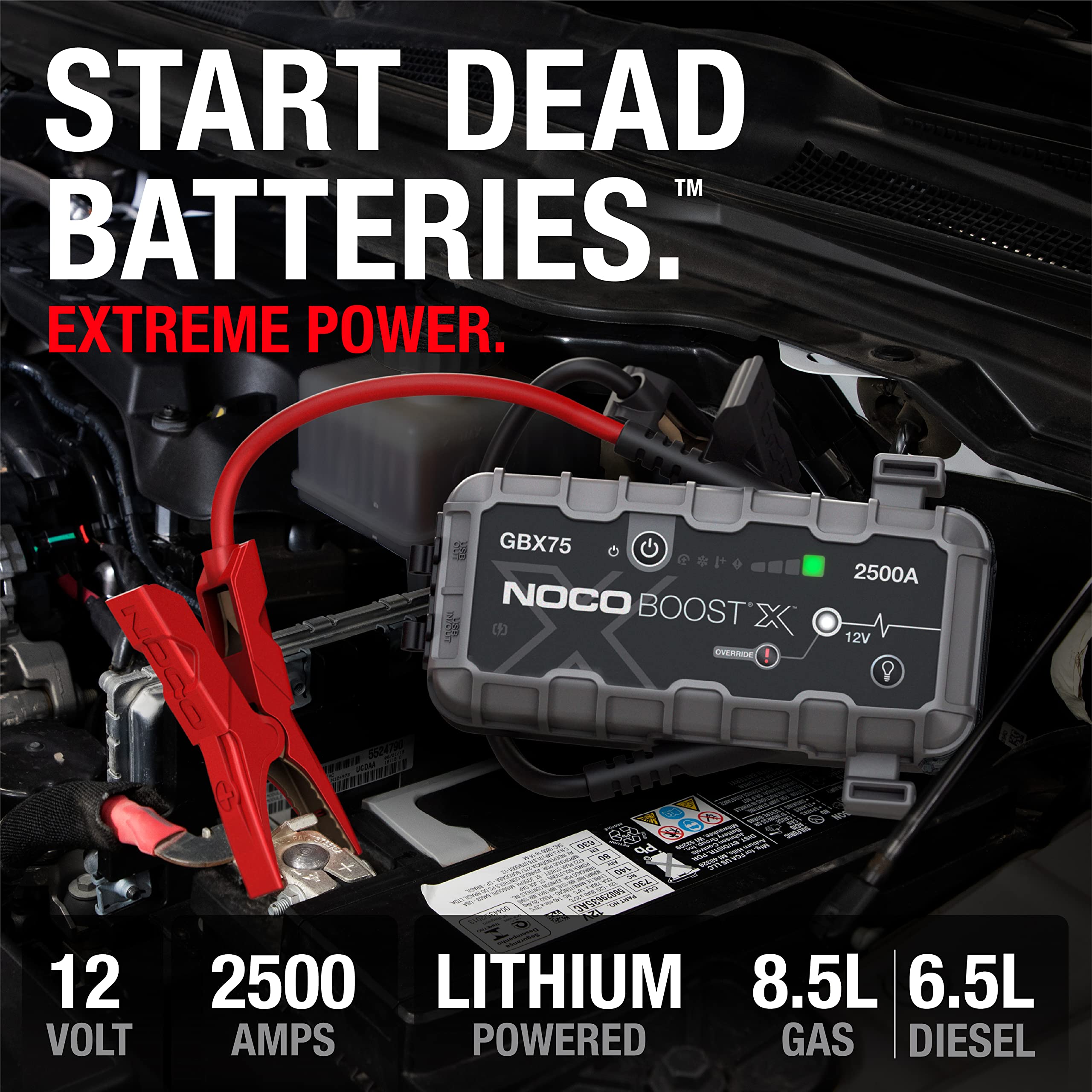 NOCO Boost X GBX75 2500A 12V UltraSafe Portable Lithium Jump Starter, Car Battery Booster Pack, USB-C Powerbank Charger, and Jumper Cables for up to 8.5-Liter Gas and 6.5-Liter Diesel Engines