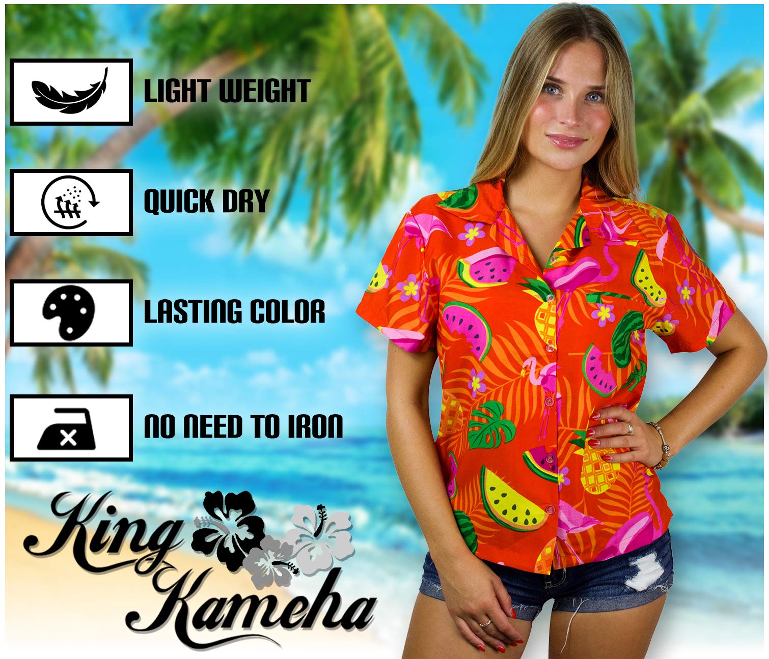 KING KAMEHA Hawaiian-Blouse Women Fruit-Designs Regular-Blouse Short-Sleeve, Flamingo-Melon, Orange, XS