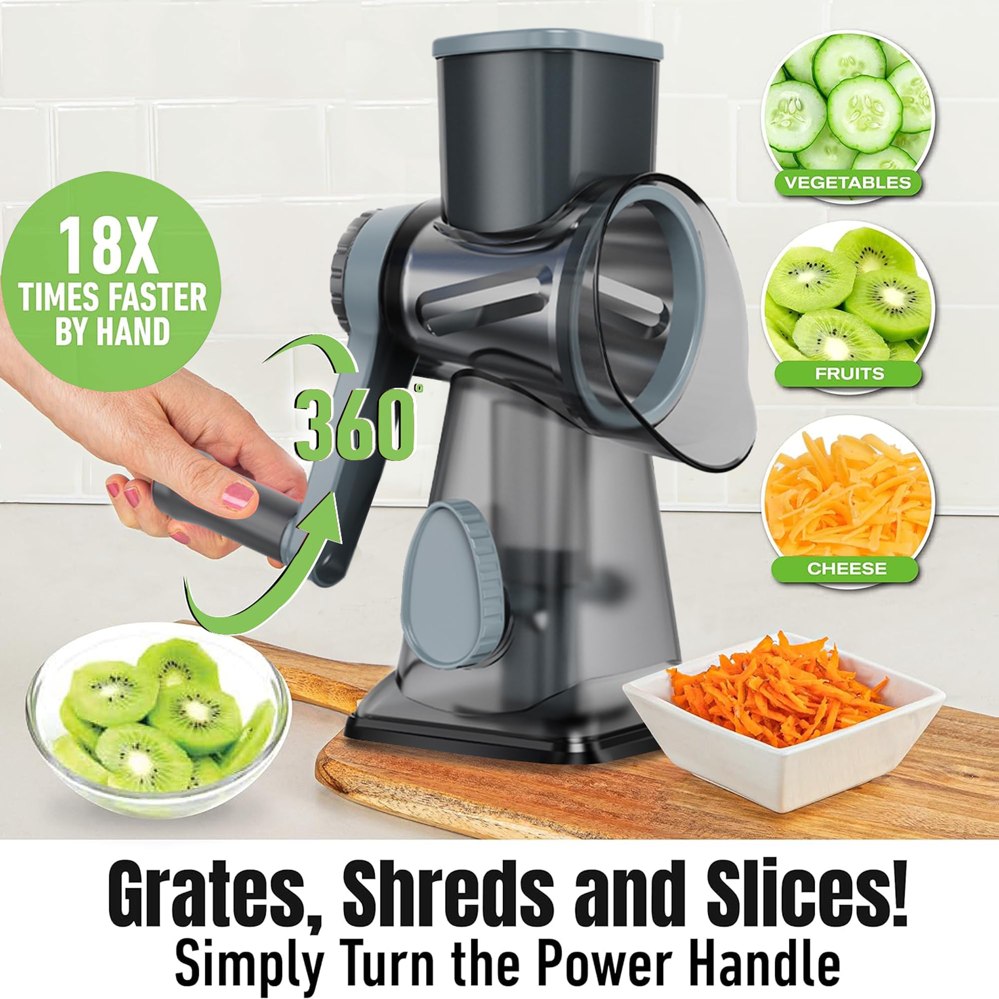 EDEFISY Cheese Grater Hand Crank Rotary Vegetables Shredder with Handle, 3-in-1 Graters with Interchangeable Blades and Strong Suction Base Multifunctional Slicer for Kitchen