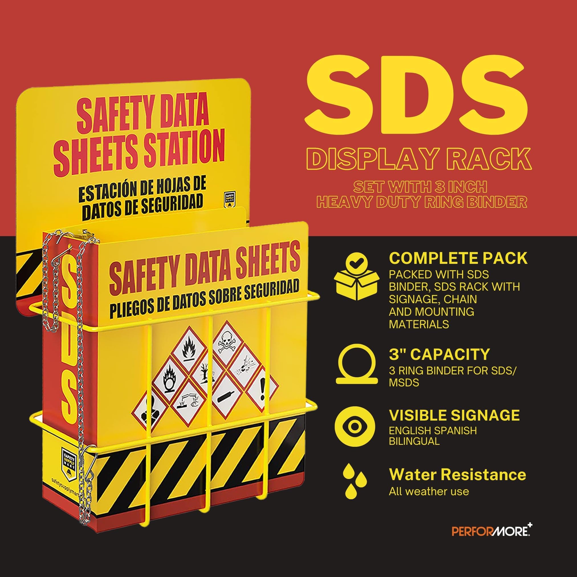 SDS Display Kit Rack Set with Heavy Duty 3 Inch Ring Binder, Wire Rack, SDS Station Sign, Chain, Mounting Hardware & SDS Poster - Organize Safely and Efficiently