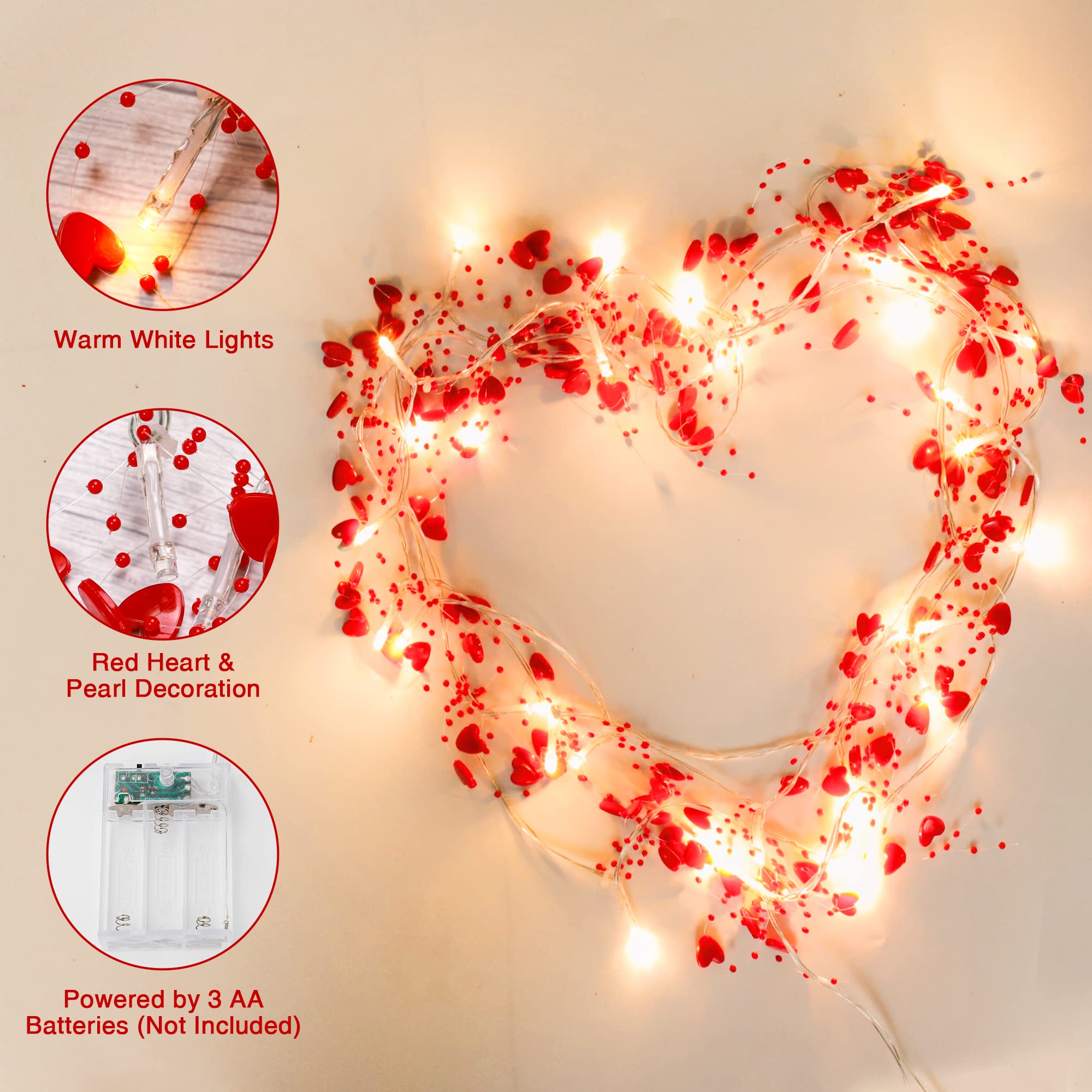 Valentines Day Decor 10FT 30 LED Valentines Day Garland with Lights Red Heart Lights String Battery Operated, Valentines Day Lights for Mantle Tree, Romantic Valentines Day Decoration for Home Bedroom