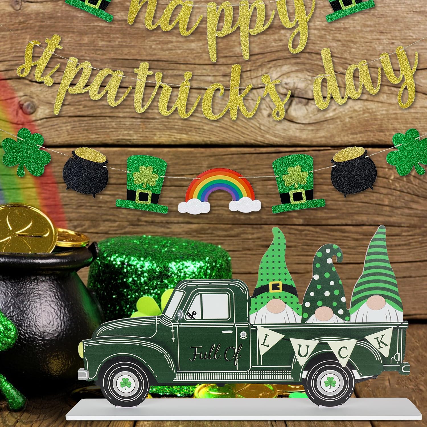 Valentines Day Decorations and St Patricks Day Decorations, Double-sided Festive Truck Wooden Sign, DEWBIN Gnomes Wood Block Valentine Decor, Valentines Day Decorations for the Home, Mantle, Table