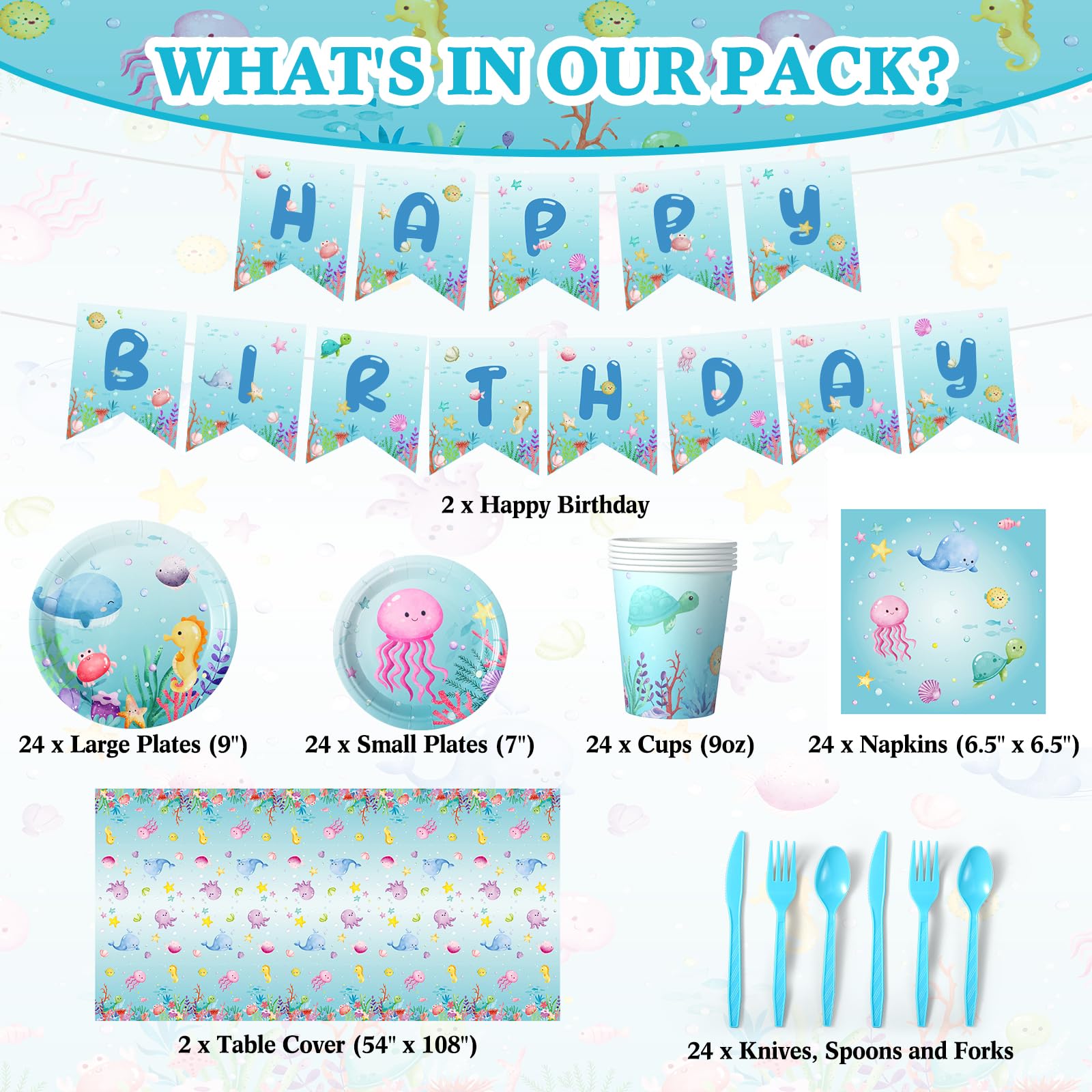 Capoda 172 Pieces Ocean Theme Birthday Party Decorations Underwater Party Supplies Tableware Set for 24 Include Plates Napkins Forks Spoons Knives Cups Banner Tablecloths for Kids Sea Life Birthday