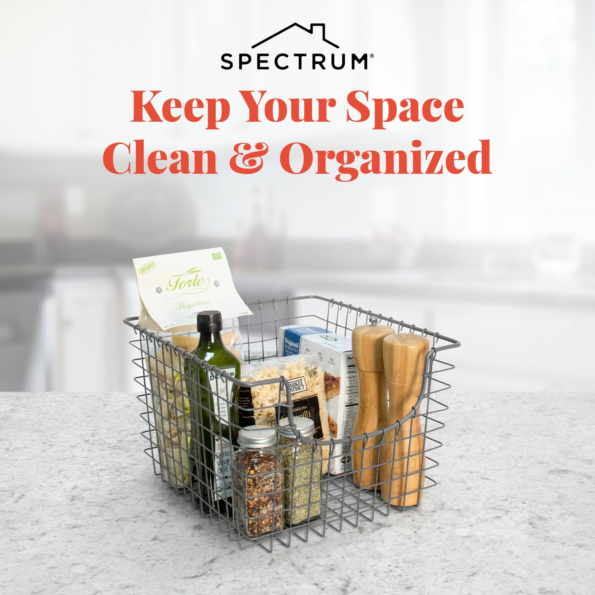 Spectrum Wire Basket for Organizing (Medium, Industrial Gray) - Sturdy Scoop Pantry Basket Storage - Wire Storage Basket Organizer for Kitchen, Shelf, Closet, Bathroom, Garage & More