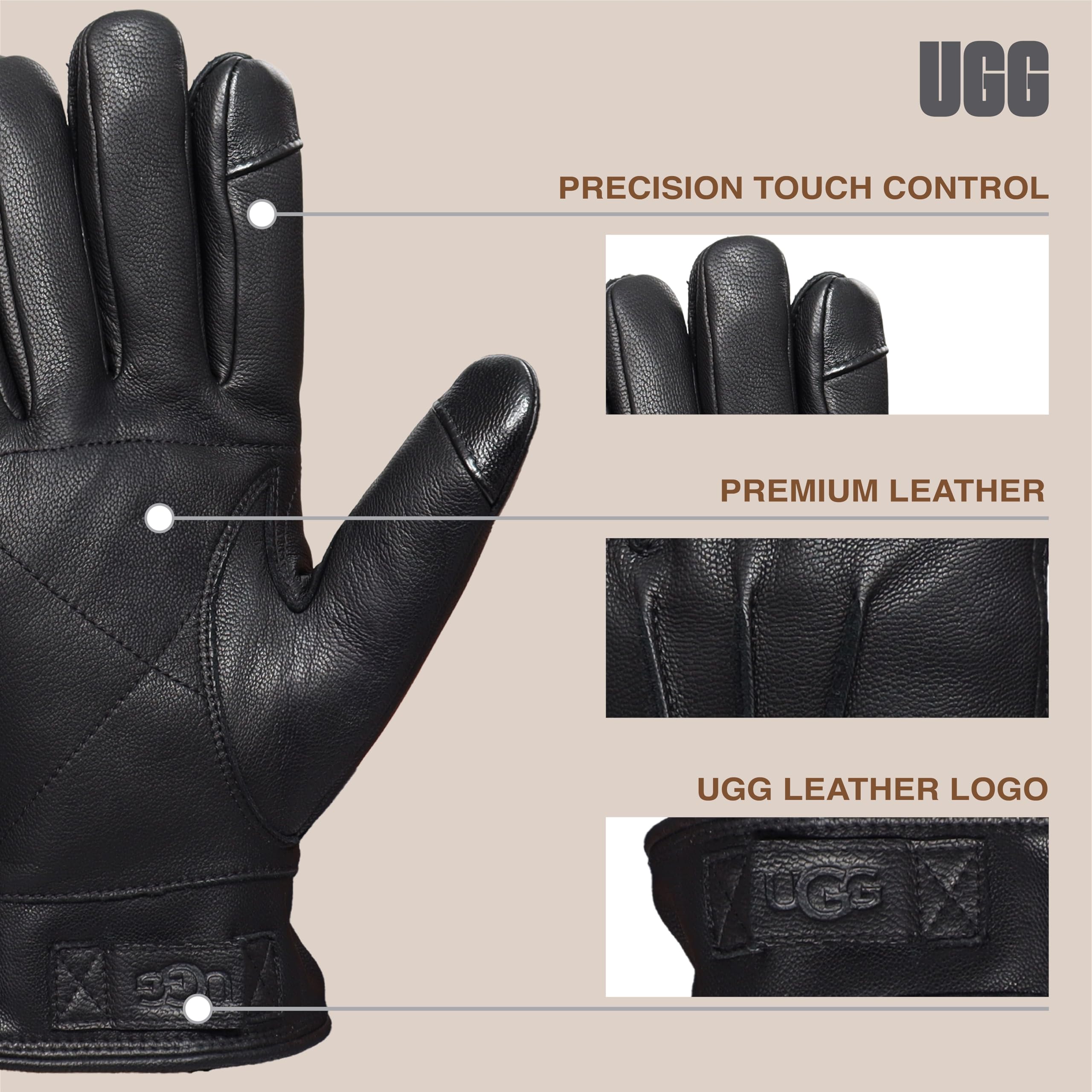 UGG Men's 3 Point Genuine Leather Gloves with Microfur Lining and Conductive Fingertips, Black, Medium