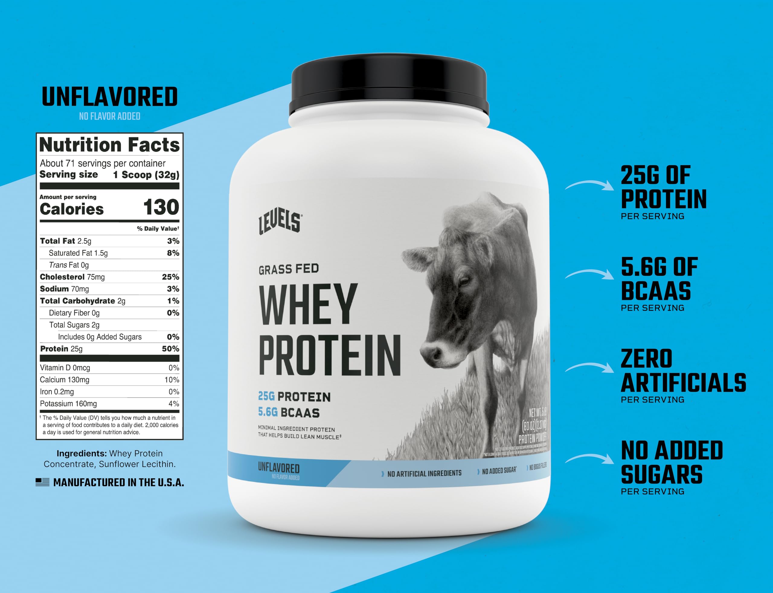 Levels Grass Fed Whey Protein Powder, No Artificials, 25G of Protein, Unflavored, 5LB