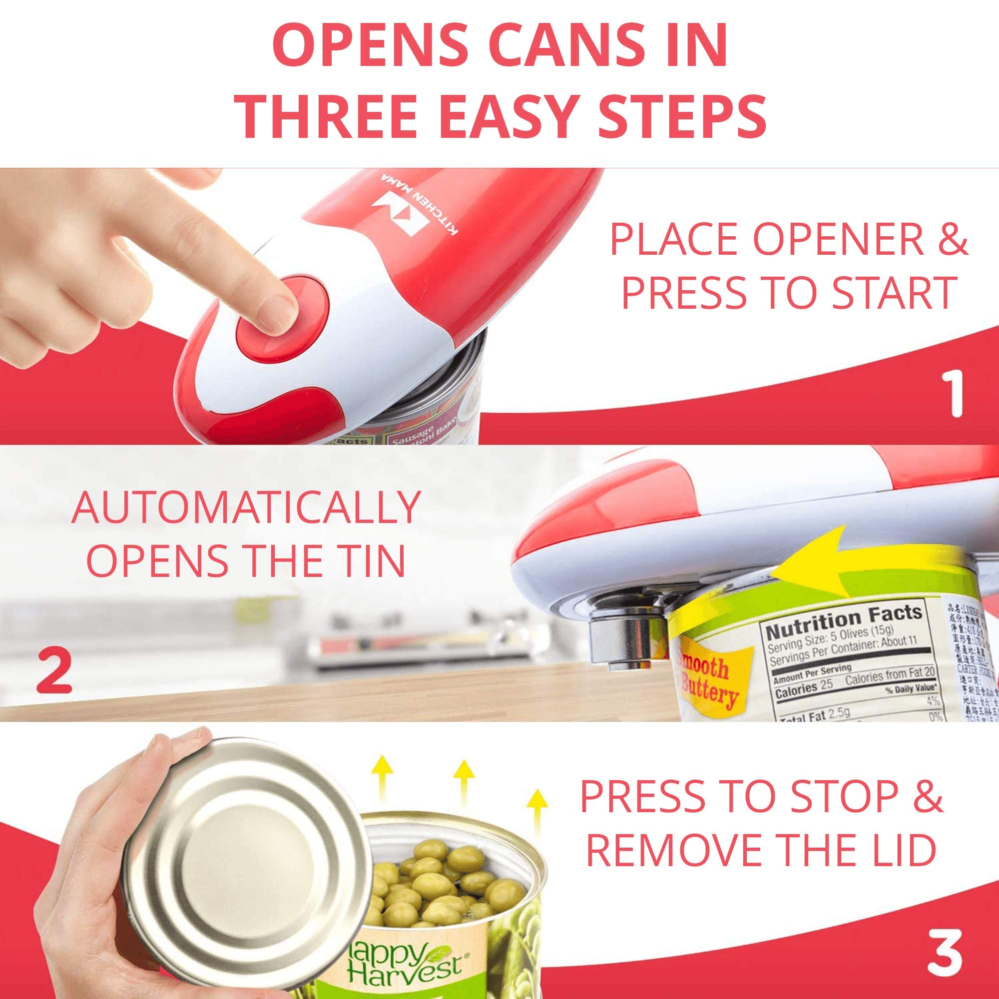 Kitchen Mama Auto Electric Can Opener: Open Your Cans with A Simple Press of Button - Automatic, Hands Free, Smooth Edge, Battery Operated, YES YOU CAN (Red)