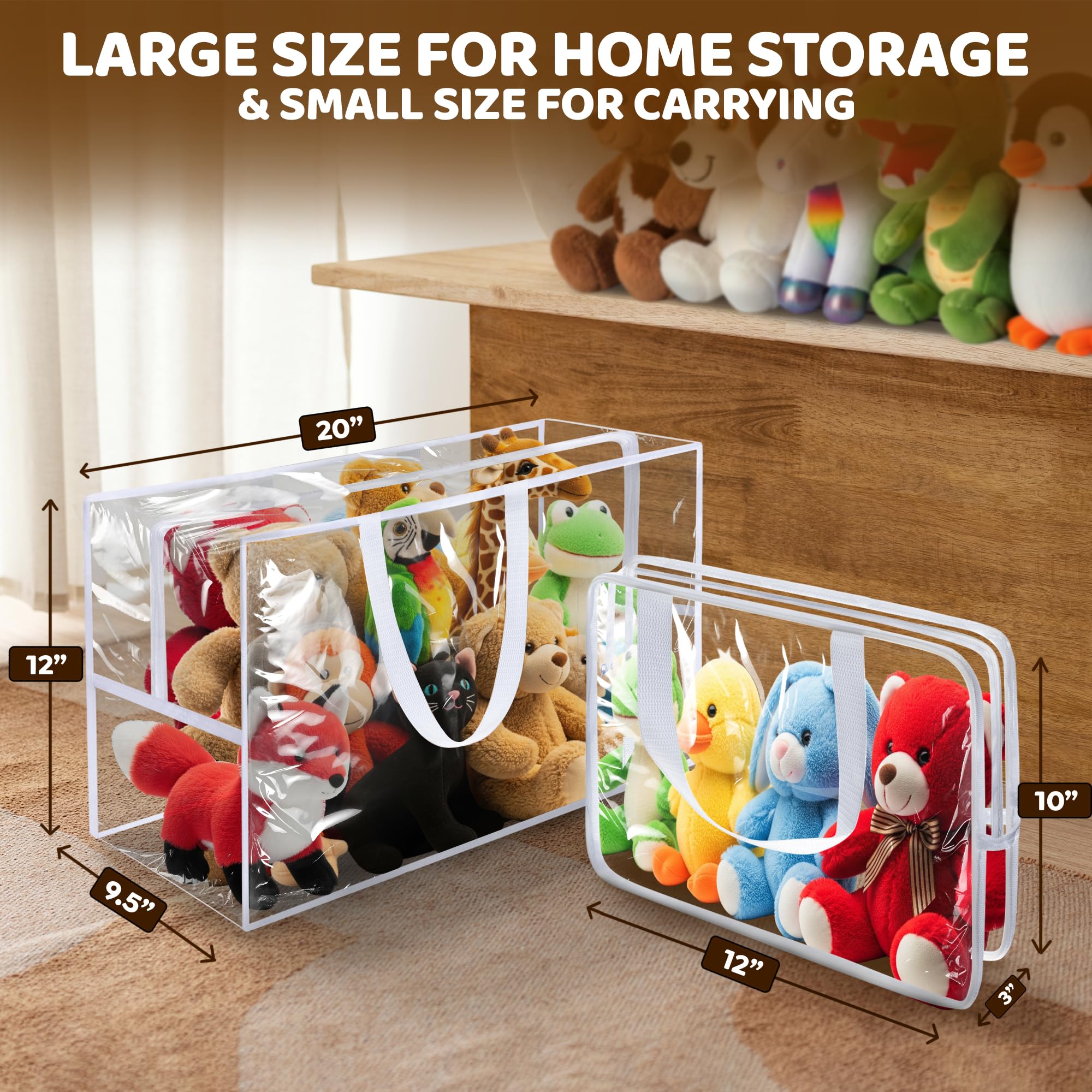 Honeyera Stuffed Animals Storage Bags with Zipper - Set of 2 with 1 Large Toy Storage Bag for Home Organization & 1 Portable Small Tote for Travel - Clear PVC Material for Easy Visibility & Organizin