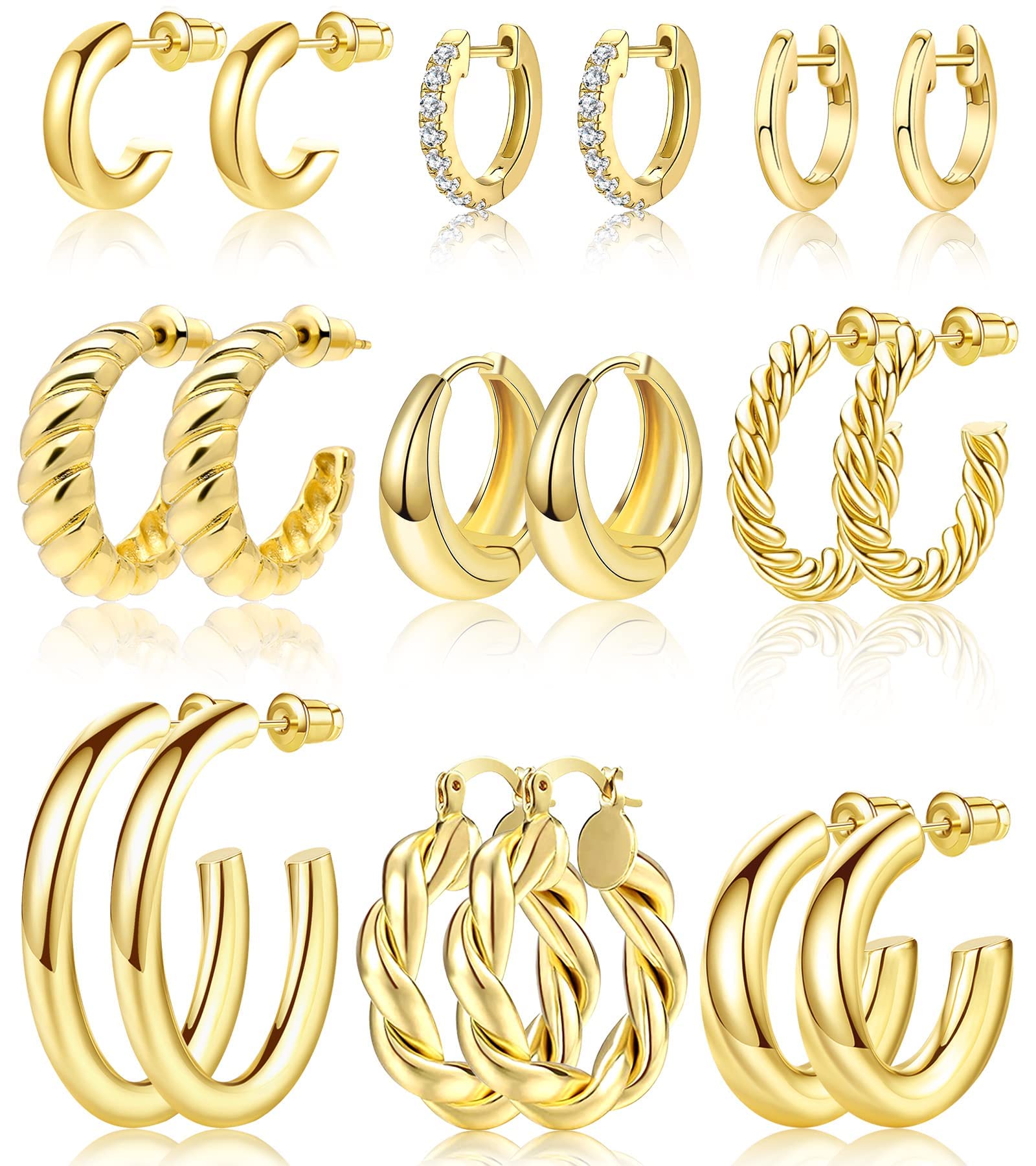 Adoyi Gold Hoop Earrings Set for Women Gold Hoops Twisted Huggie Hoops Earrings 14K Plated Gold Jewelry for Girls Gift Lightweight 9 Pairs Ear Cuffs Gold Jewelry for Women