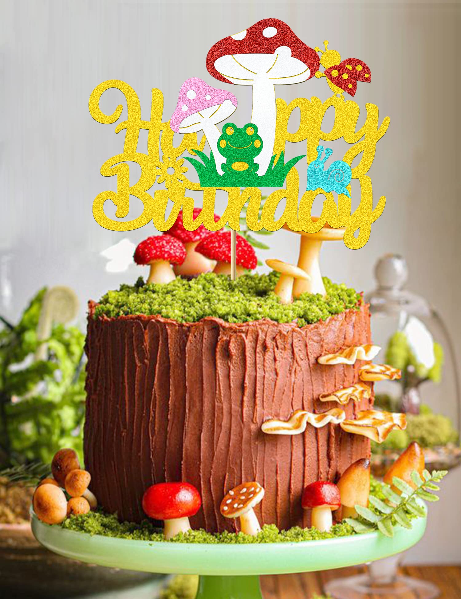 Mushroom Cake Topper Mushroom Birthday Cake Toppers Decorations for Girls Boys Glitter Gold Mushroom Ladybug Frog Happy Birthday Decorations Theme Party Supplies