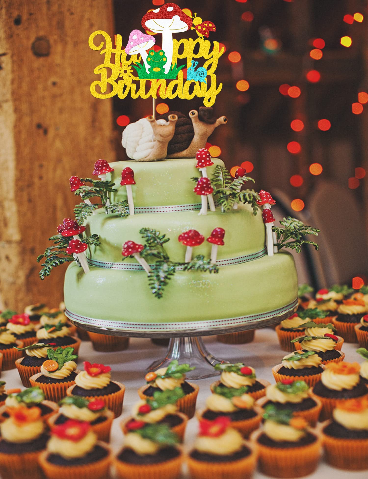 Mushroom Cake Topper Mushroom Birthday Cake Toppers Decorations for Girls Boys Glitter Gold Mushroom Ladybug Frog Happy Birthday Decorations Theme Party Supplies