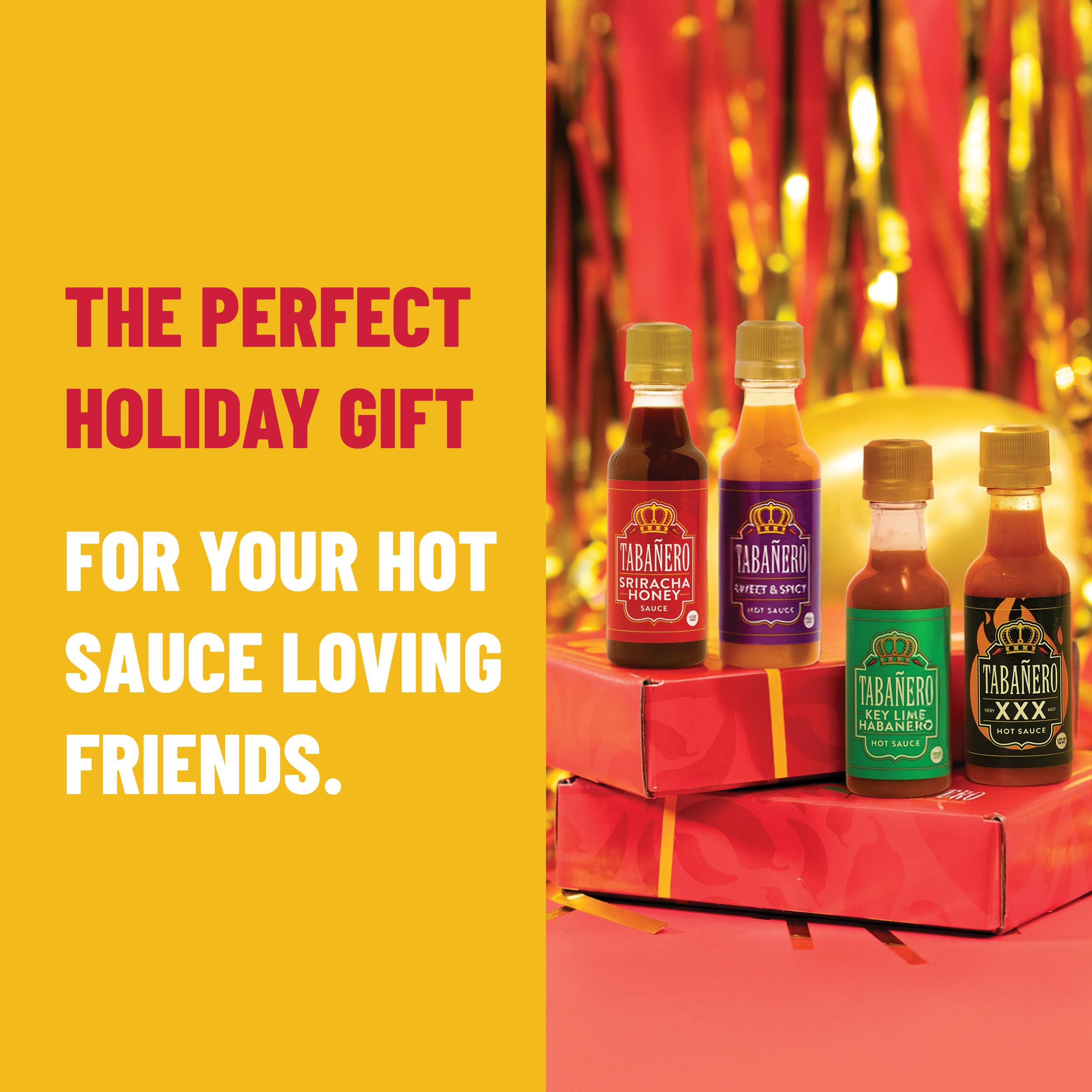 Tabañero Mini Hot Sauce Gift Set, Holiday Gift Box with Sriracha Honey, Sweet and Spicy, Key Lime and XXX Flavors, 4-Pack, 1.7oz Hot Sauce Bottles, All Natural, Gluten Free, Low Sodium, Kosher, Made in the USA, Easter Gifts for Men