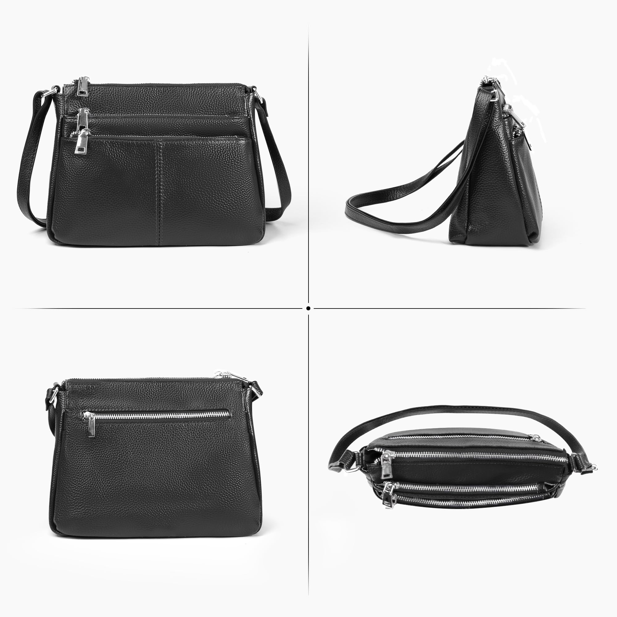 befen Genuine Leather Black Small Crossbody Purses Bags for Women, Woman Pocketbooks Shoulder Bag Satchel Purse with Multi Zipper Pockets
