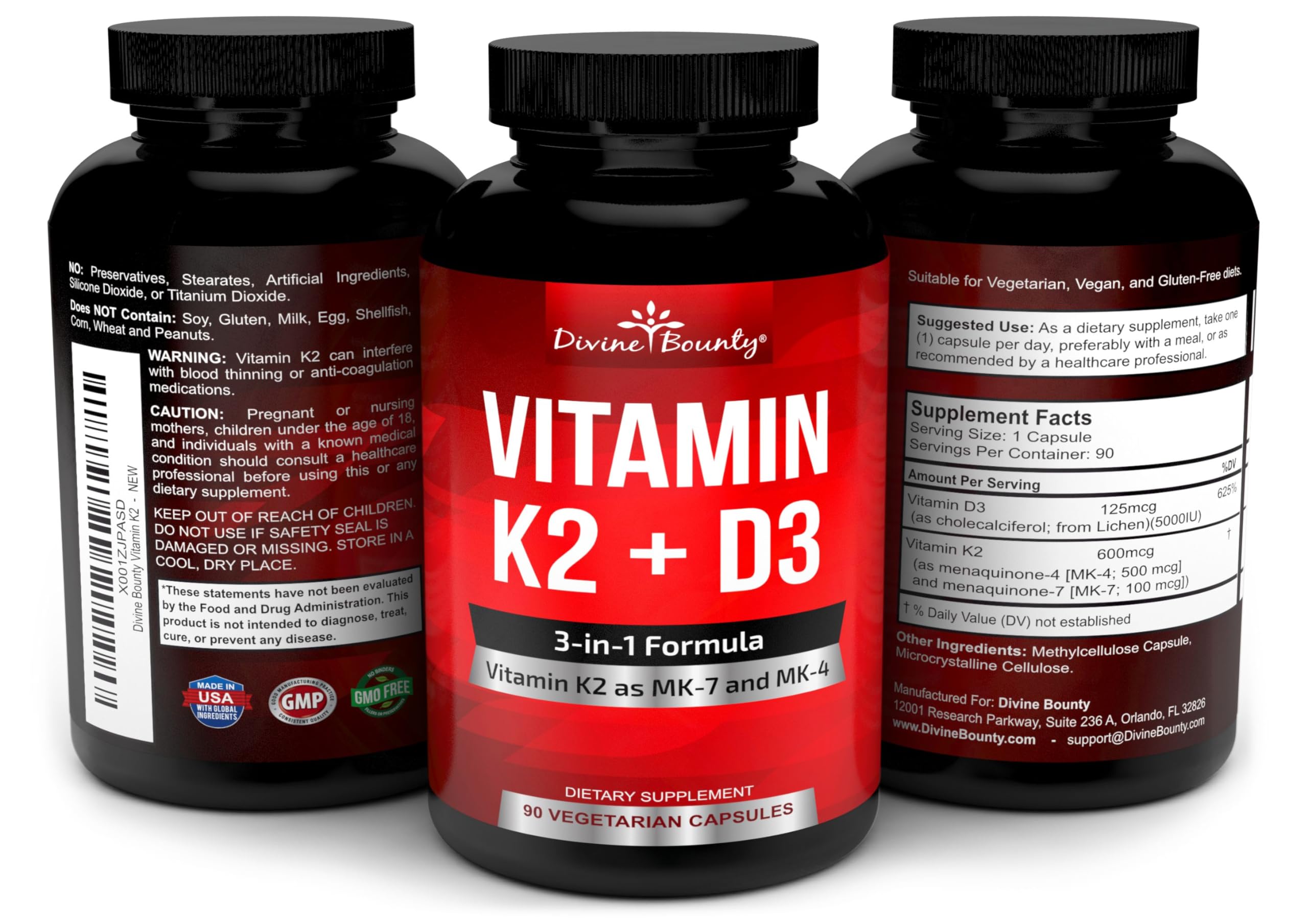 Vitamin K2 (MK7 & MK4) with D3 Supplement - Vitamin K & D as MK-7 100mcg, MK-4 500mcg, and 5000 IU Vitamin D3 3-in-1 Formula - Bone and Heart Support - 90 Non-GMO Vegetarian Capsules