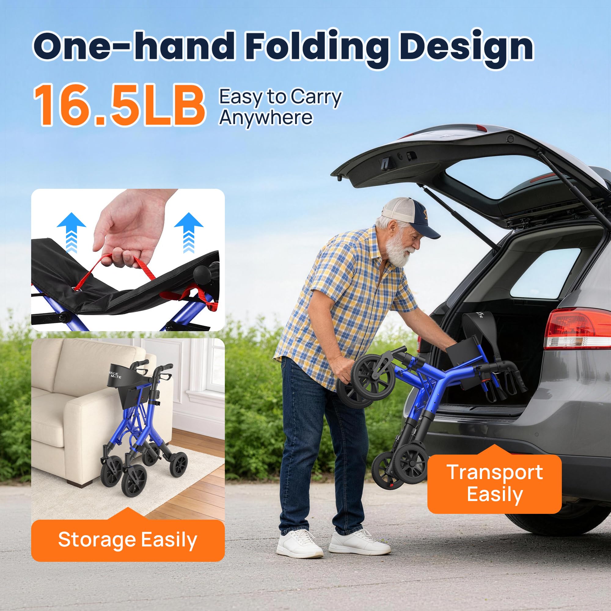 WALK MATE Rollator Walker for Seniors 5.3~7ft Tall, Height-Adjustable Seat, Built-in Cable, 10 Inch Wheels, 16.5 lb Lightweight & Compact Folding Design, 300 lb Capacity, Blue