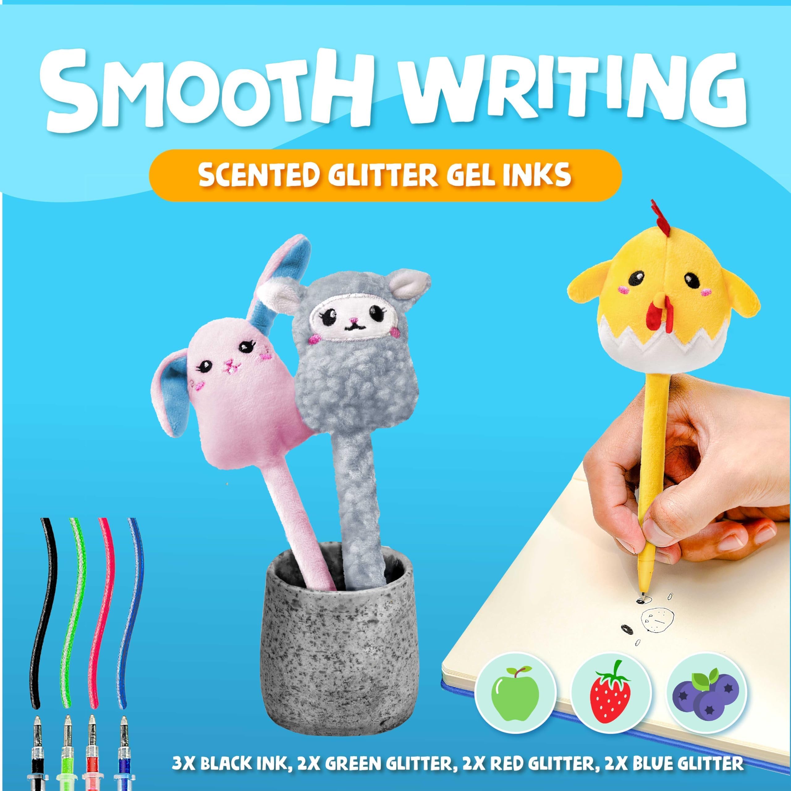 BUNMO Stretch & Write Easter Basket Essentials: 3 pck Cute Gel Pens w/Soft Grip & 6 Refills - Pop Tubes Sensory Toys 4 Pack Large - Easter Basket Stuffers - Non-Mouthable Toy 3+ - Gift for Teens