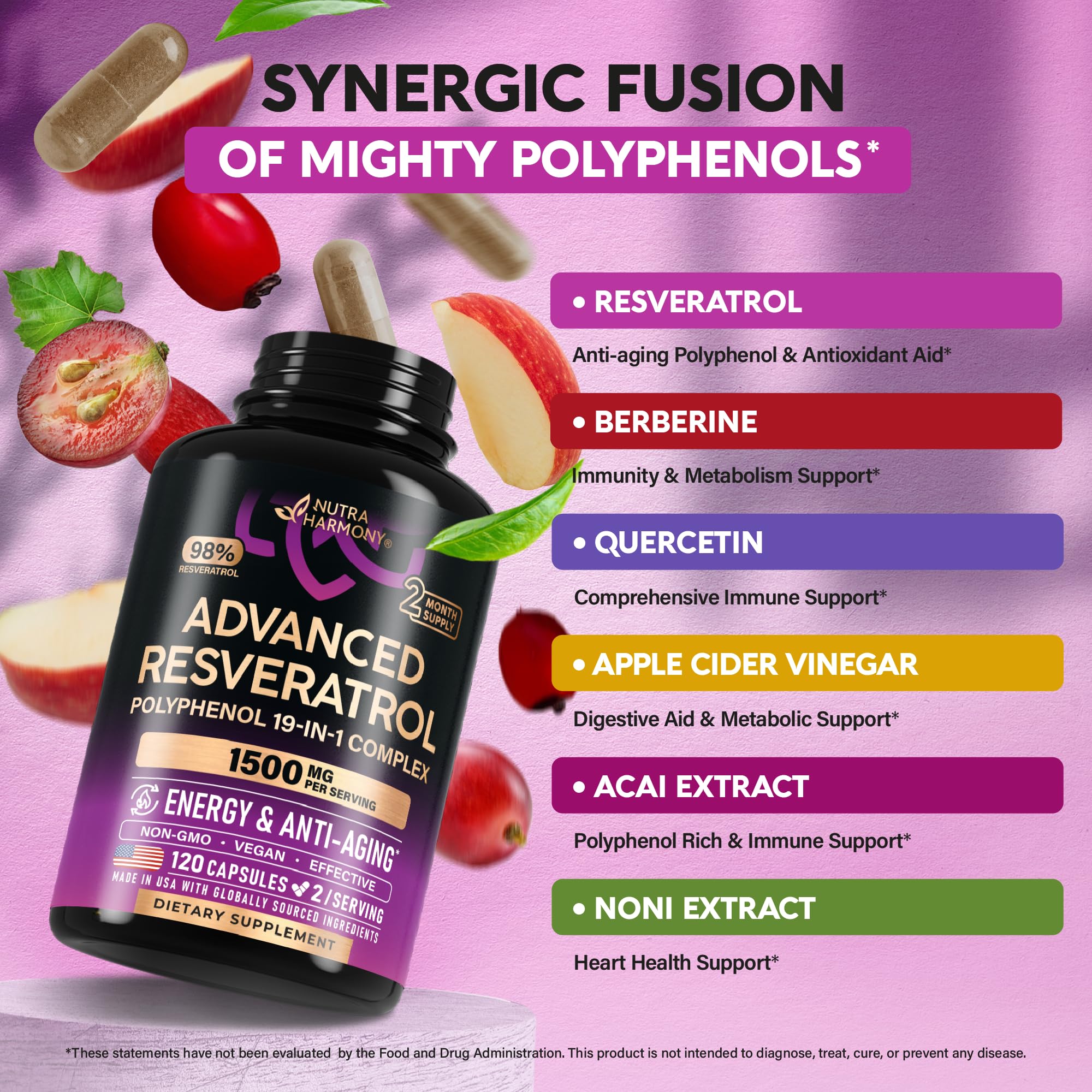 Resveratrol Supplement - 19-in-1 Organic Polyphenol Complex - Noni Extract | Berberine | Quercetin | Apple Cider Vinegar | Acai - Made in USA - Antioxidant & Heart Health Support - 120 Capsules