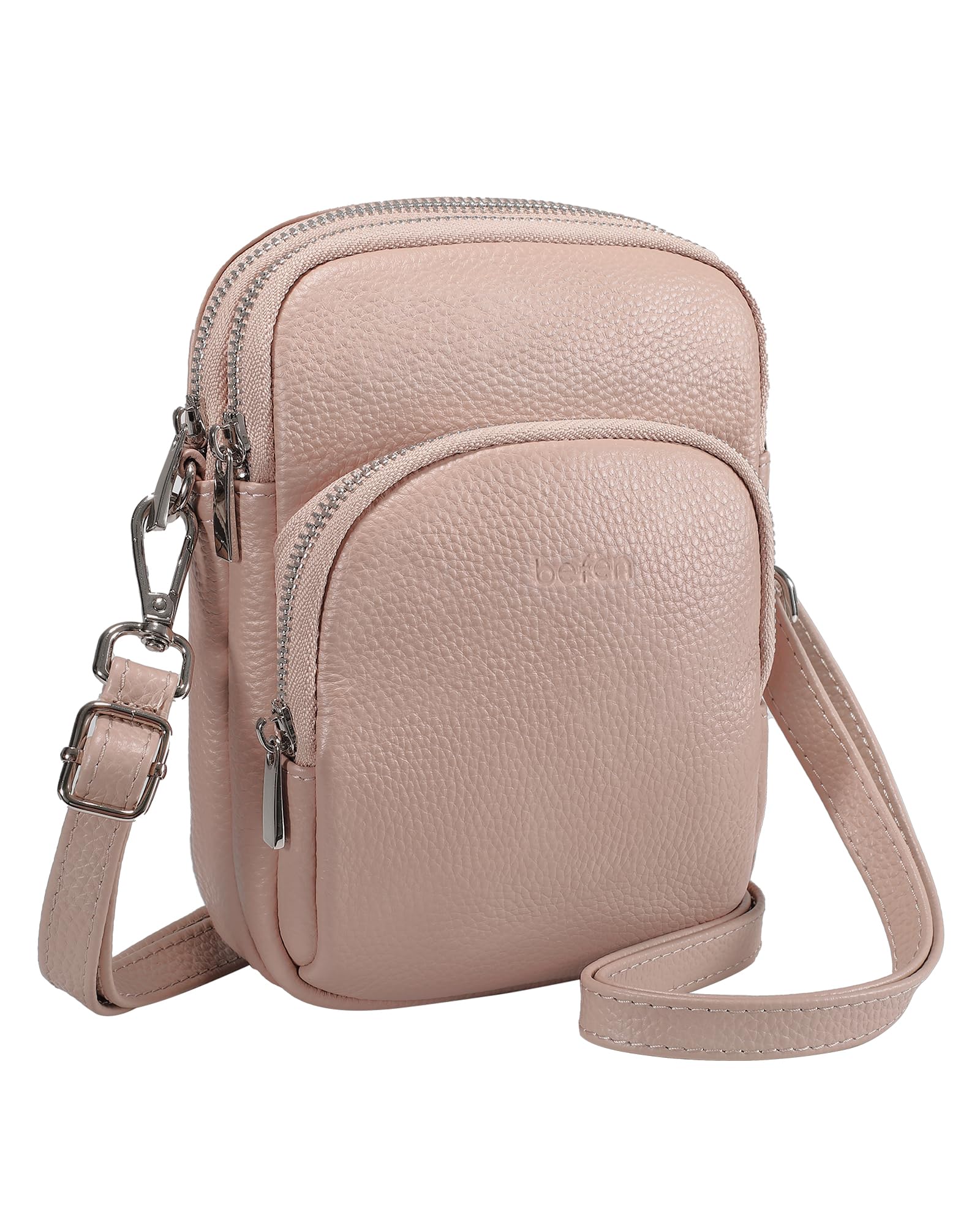 befen Small Genuine Leather Women Designer Crossbody Purses, Cross Body Bags Lightweight with Adjustable Shoulder Strap and RFID Blocking - Light Pink