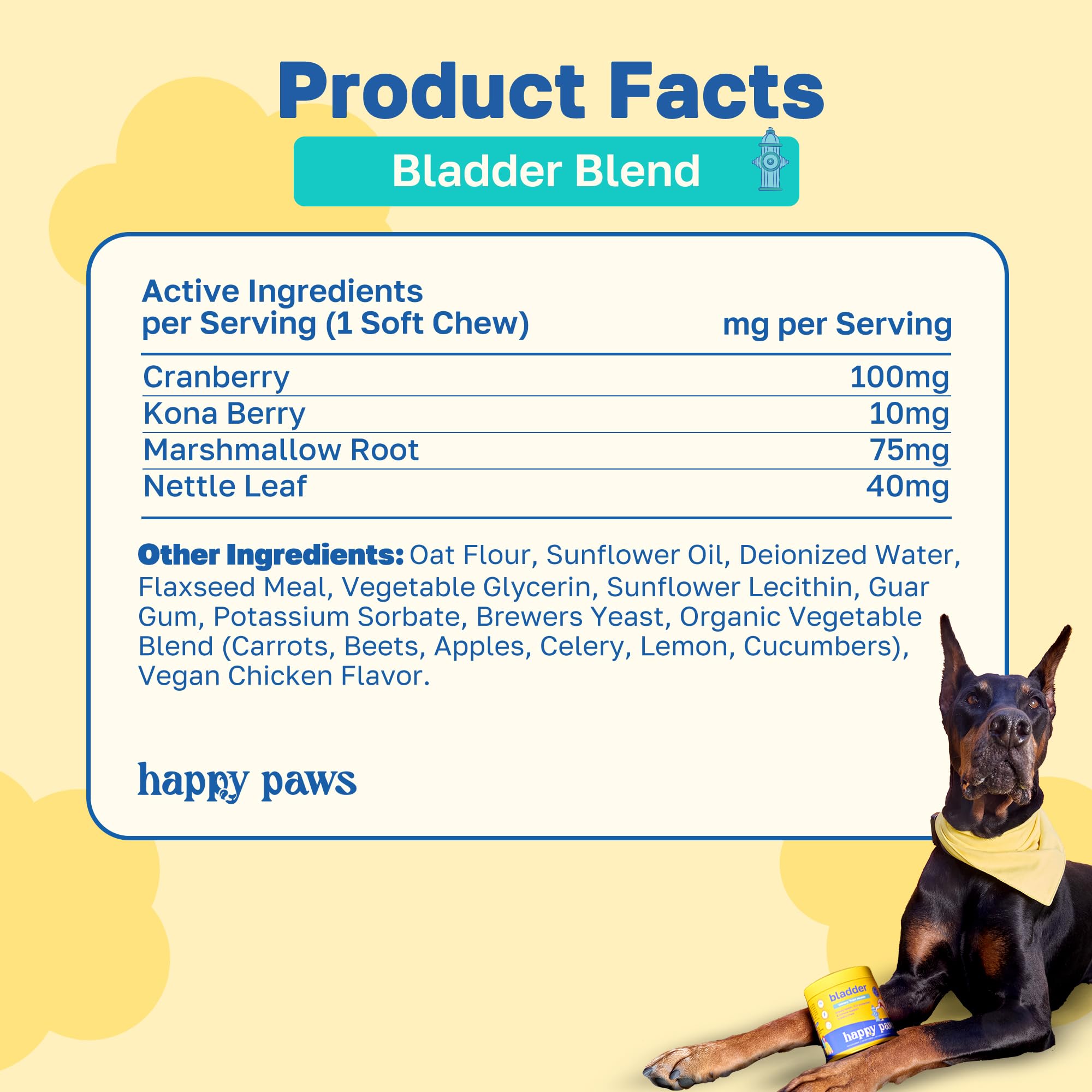 Happy Paws Bladder Supplement for Dogs, Urinary Support Soft Chews for All Breeds & Ages, Kidney Wellness Support with Cranberry & Antioxidants, Vegan Chicken Flavor, 100 Soft Chews
