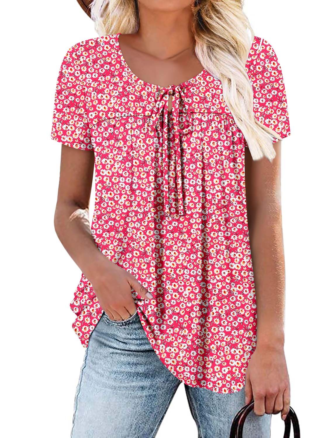 BETTE BOUTIK women's tops pleated crewneck short sleeve corded pull string cute summer tops for women Orange Flower XX-Large