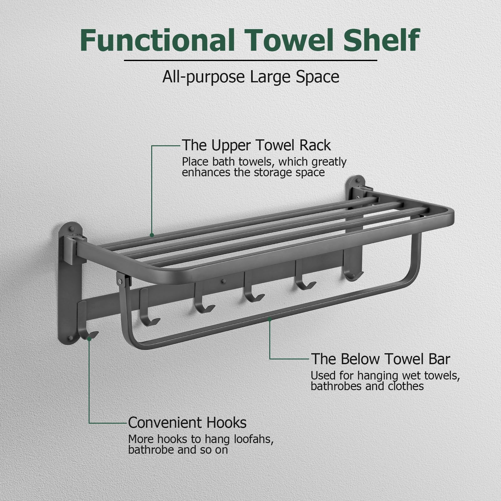 JiGiU Towel Rail 23.6 Inch Bathroom Towel Storage Wall Mounted with Towel Bar & 6 Hooks Foldable Towel Holder Stainless Steel Rustproof Towel Shelves for Home Bathroom Shower Kitchen