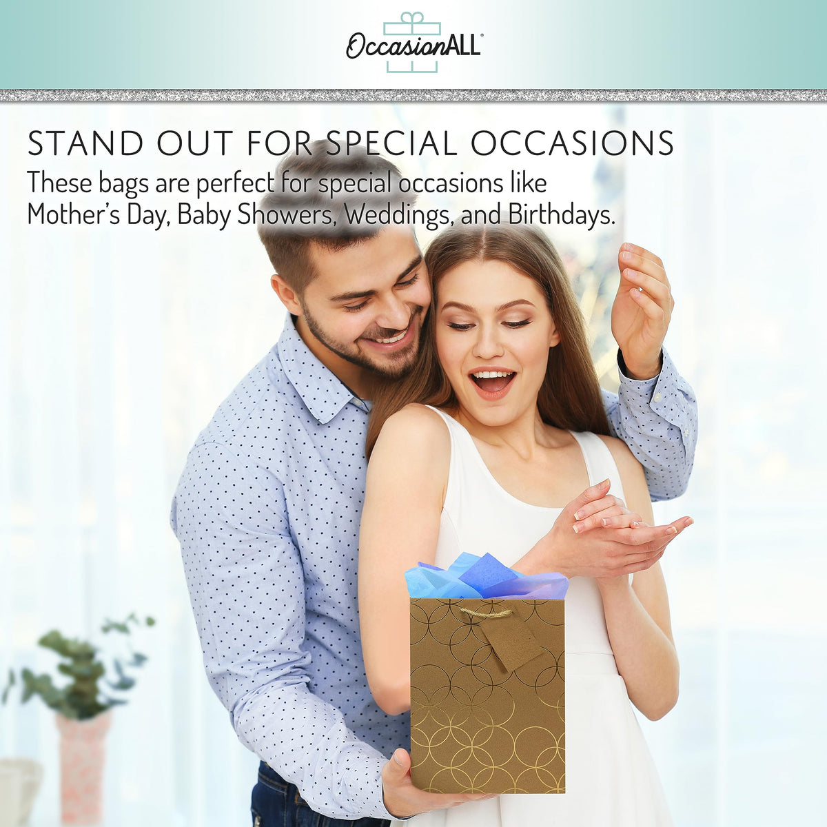 OccasionALL Gold Brown Gift Bags 12 Pack 7.5x3.5x9 Medium Geometric Print Kraft Paper Bags with Handles for Christmas, Holidays, Weddings, Birthdays, Bulk Shopping