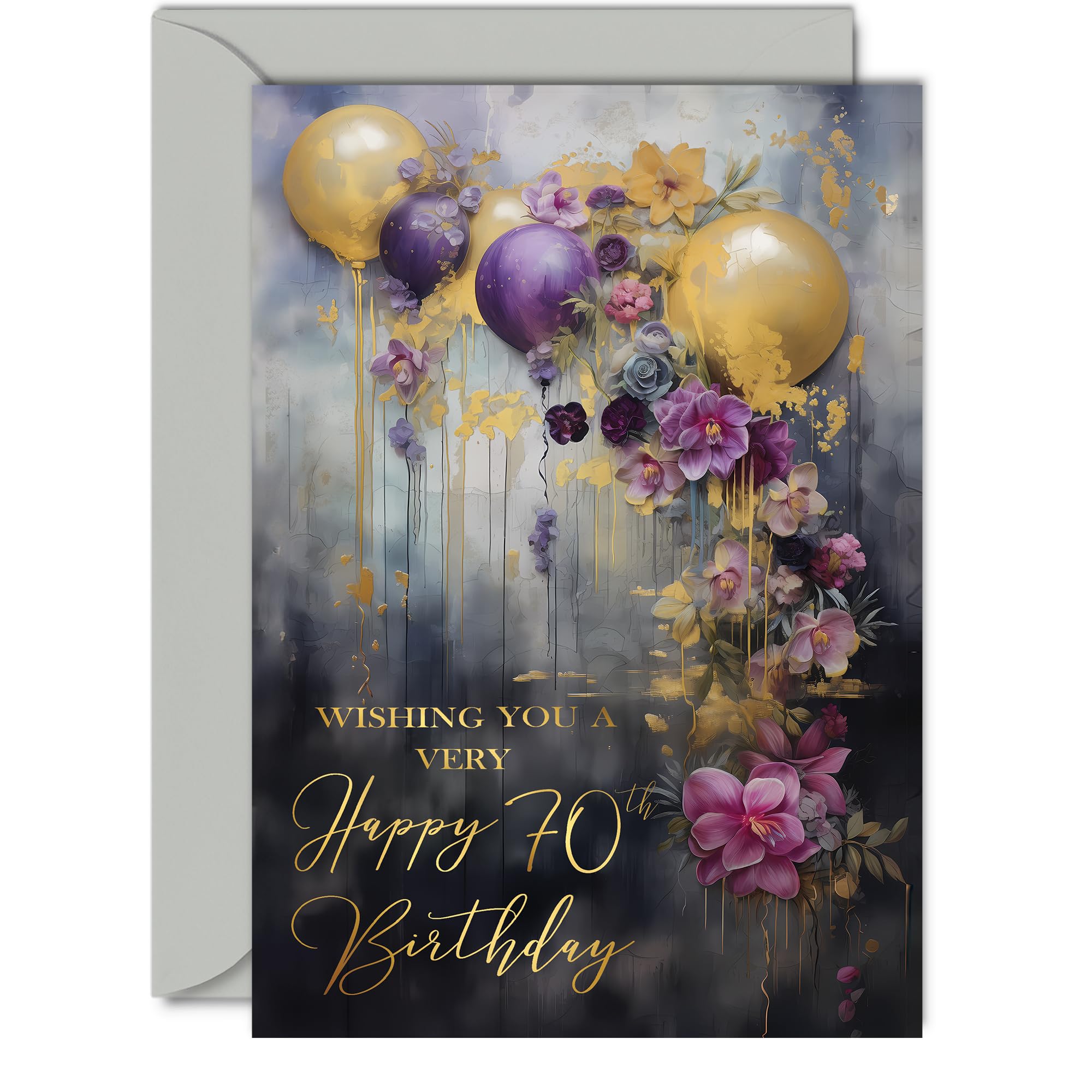 Beautiful Gold 70th Birthday Cards for Women Men - Golden Party Balloons - Elegant Traditional Pretty Birthday Card for 70 Year Old Woman Man Her Him, A5 Gorgeous Greeting Cards Gift