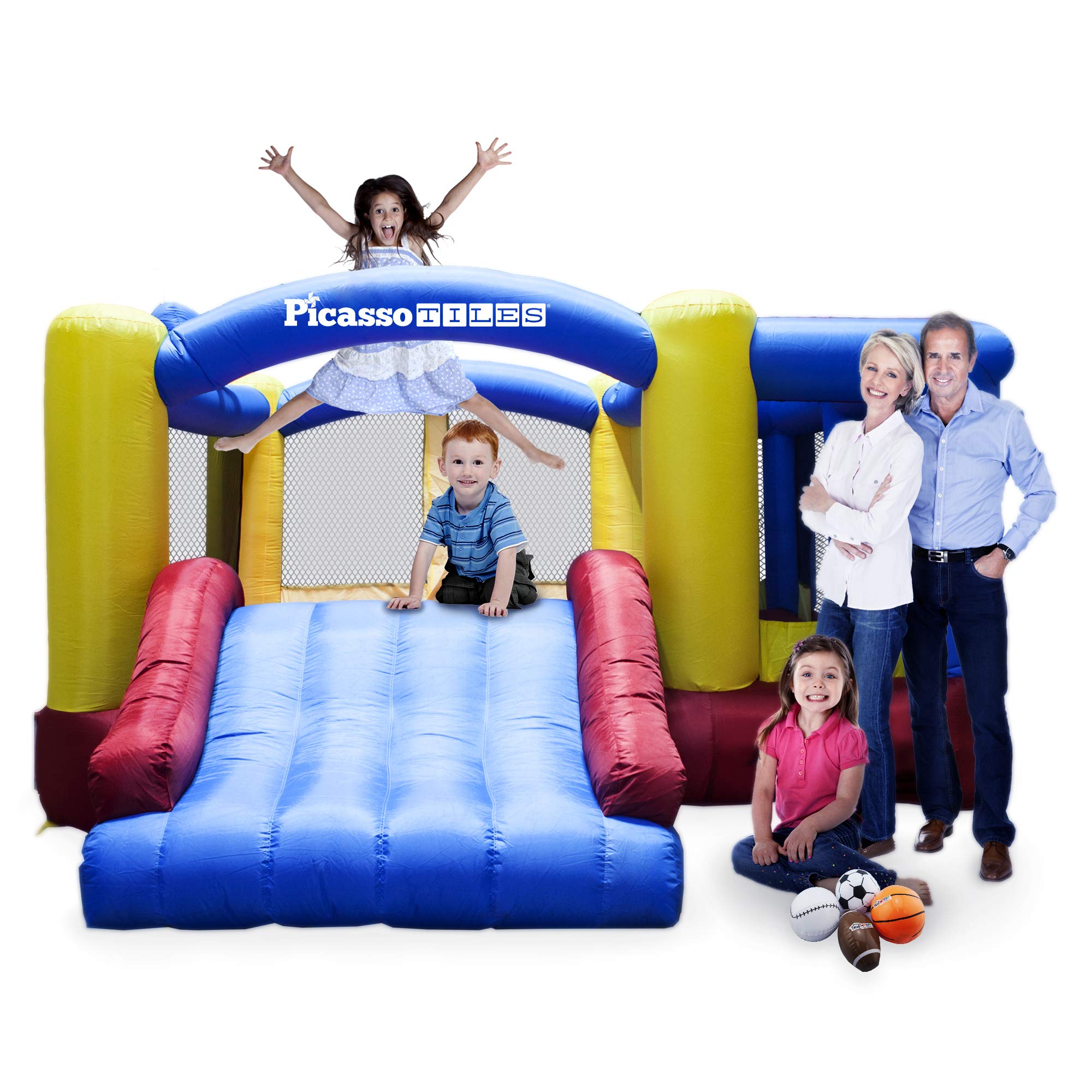 [Upgrade Version] PicassoTiles KC102 12x10 Foot Inflatable Bouncer Jumping Bouncing House, Jump Slide, Dunk Playhouse w/Basketball Rim, 4 Sports Balls, Full-Size Entry, 580W ETL Certified Blower