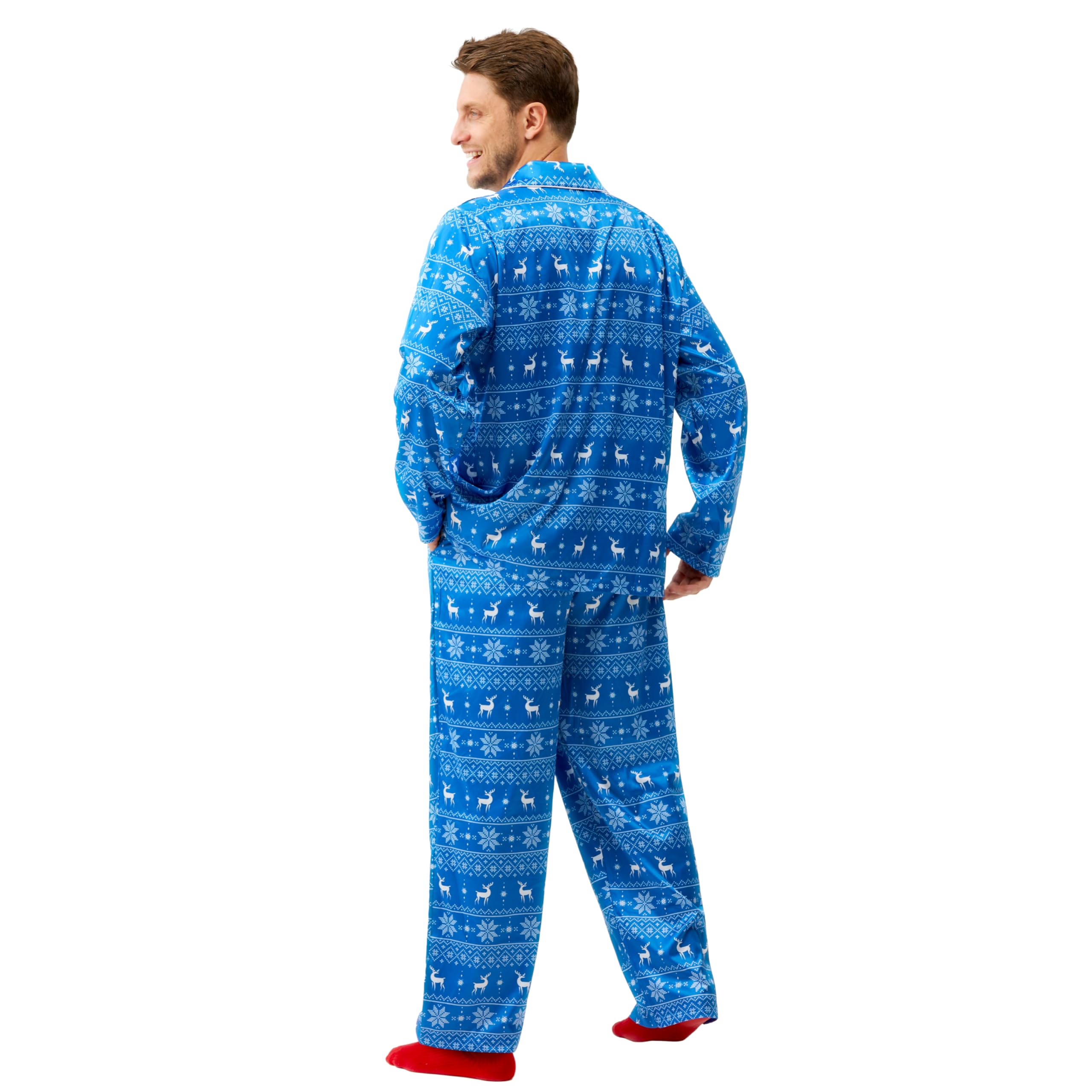 Giggling Getup Adult Christmas Pajamas, Silk Pajama Set with Christmas Pajama Pants and Long-Sleeve Top, for Holiday Pajamas Party-L Blue