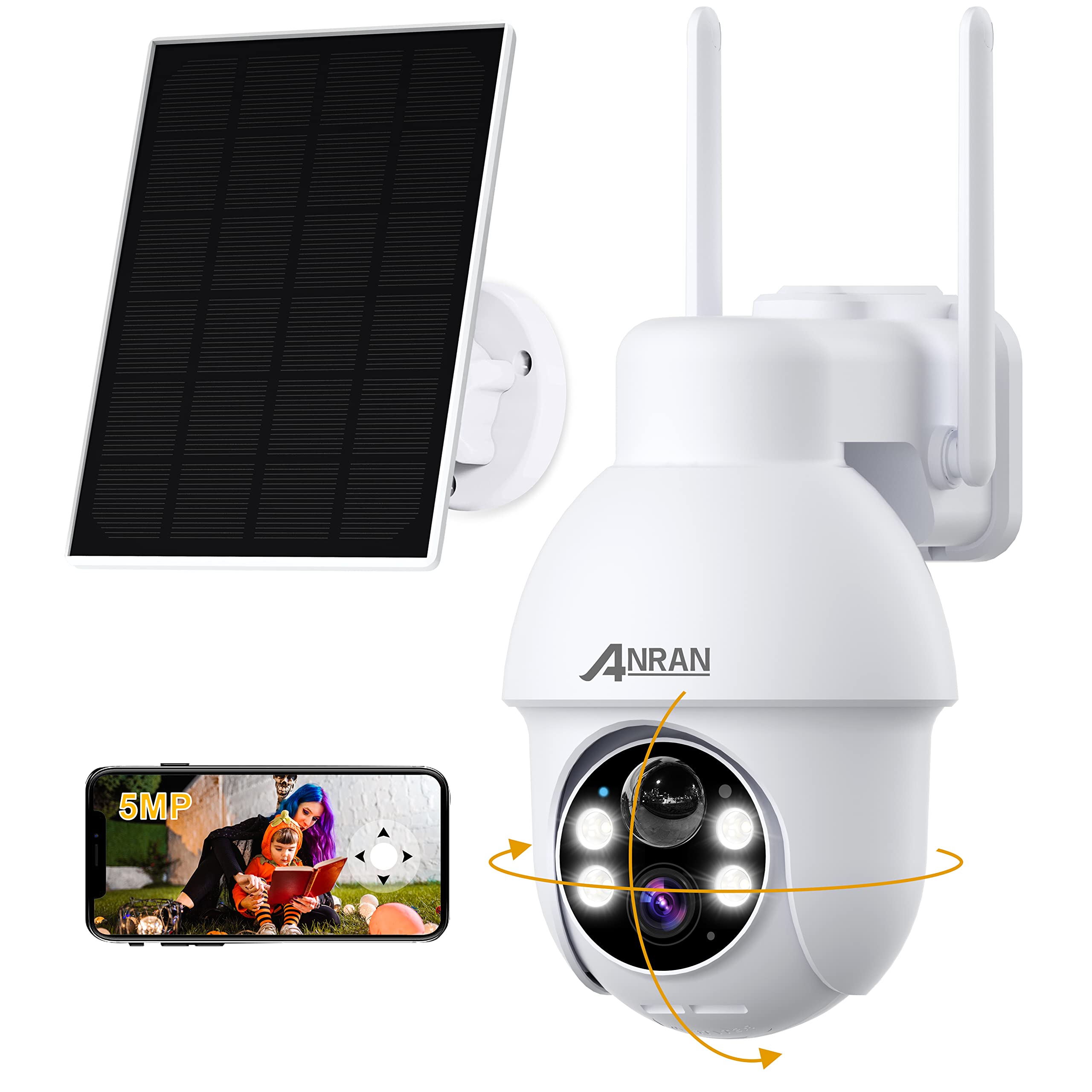 ANRAN 5MP Security Cameras Wireless Outdoor, Solar Security Camera Outdoor with 360° View, PIR, Battery Powered Cam 2.4G WiFi, Color Night Vision, 2-Way Audio, Compatible with Alexa, Q3 Max White