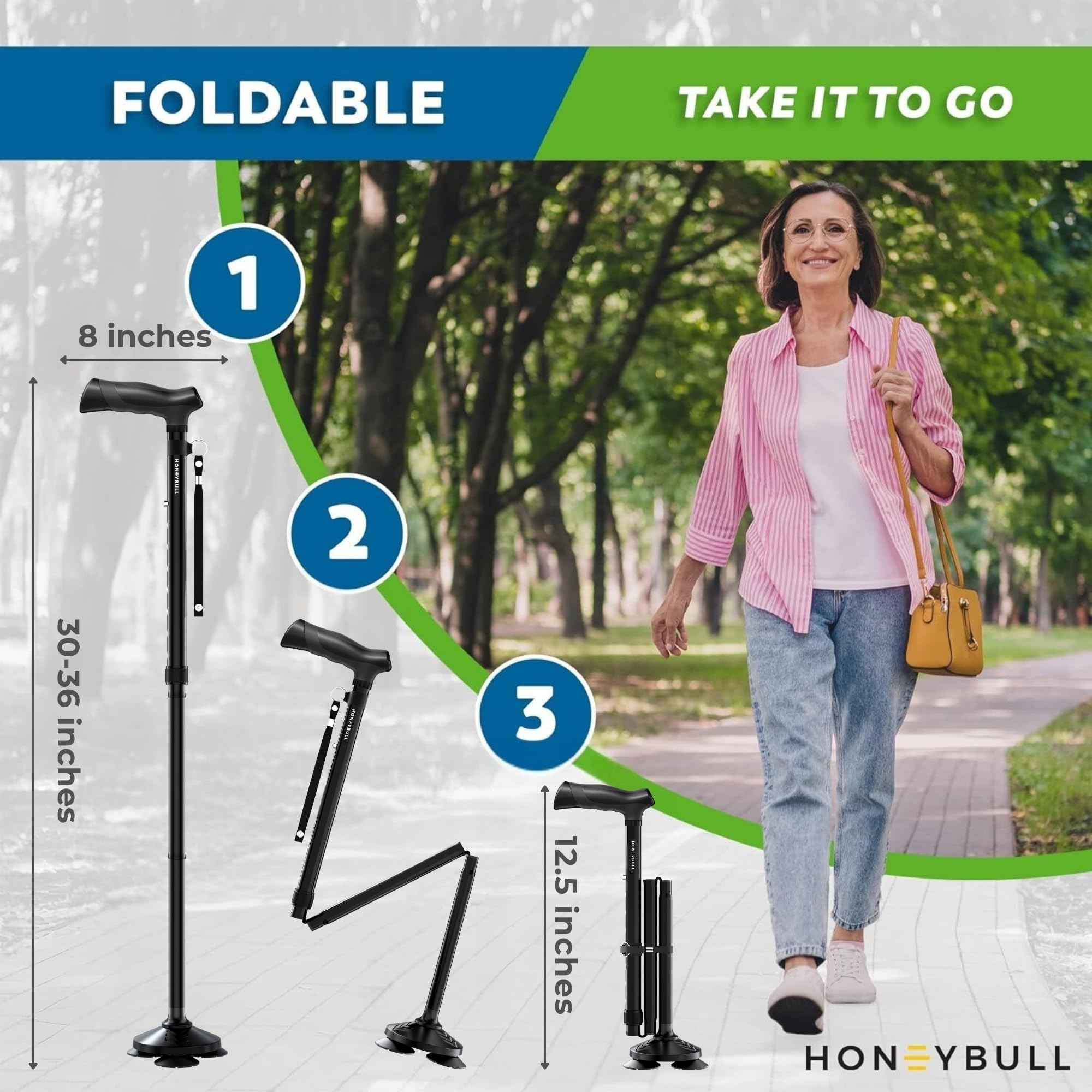 HONEYBULL Walking Cane for Men & Women Foldable, Adjustable, Heavy Duty, Free Standing, All Terrain, Collapsible Walking Sticks for Seniors & Adults (Black)