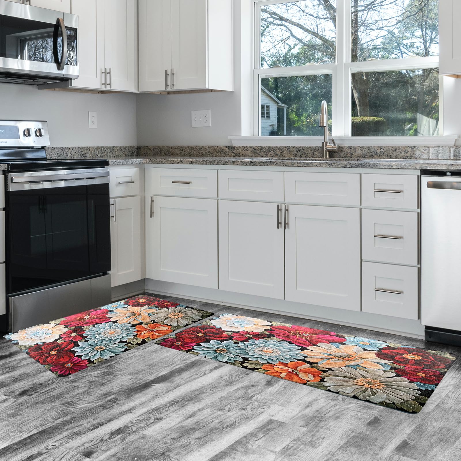 Sofort Kitchen Mats for Floor Cushioned Anti-Fatigue Kitchen Rugs, Set of 2 Boho Floral Kitchen Mats and Rugs, Non-Slip Waterproof Comfort Standing Mats for Kitchen, Laundry, Sink, Office