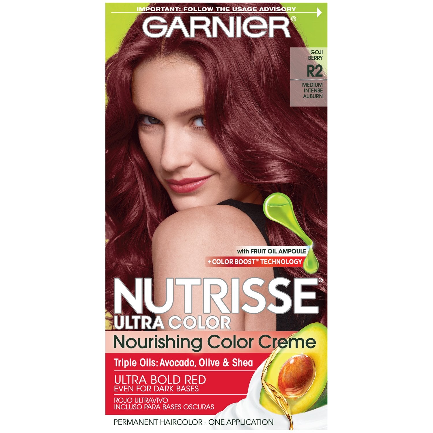 Garnier Hair Color Nutrisse Ultra Color Nourishing Creme, R2 Medium Intense Auburn (Goji Berry) Red Permanent Hair Dye, 1 Count (Packaging May Vary)