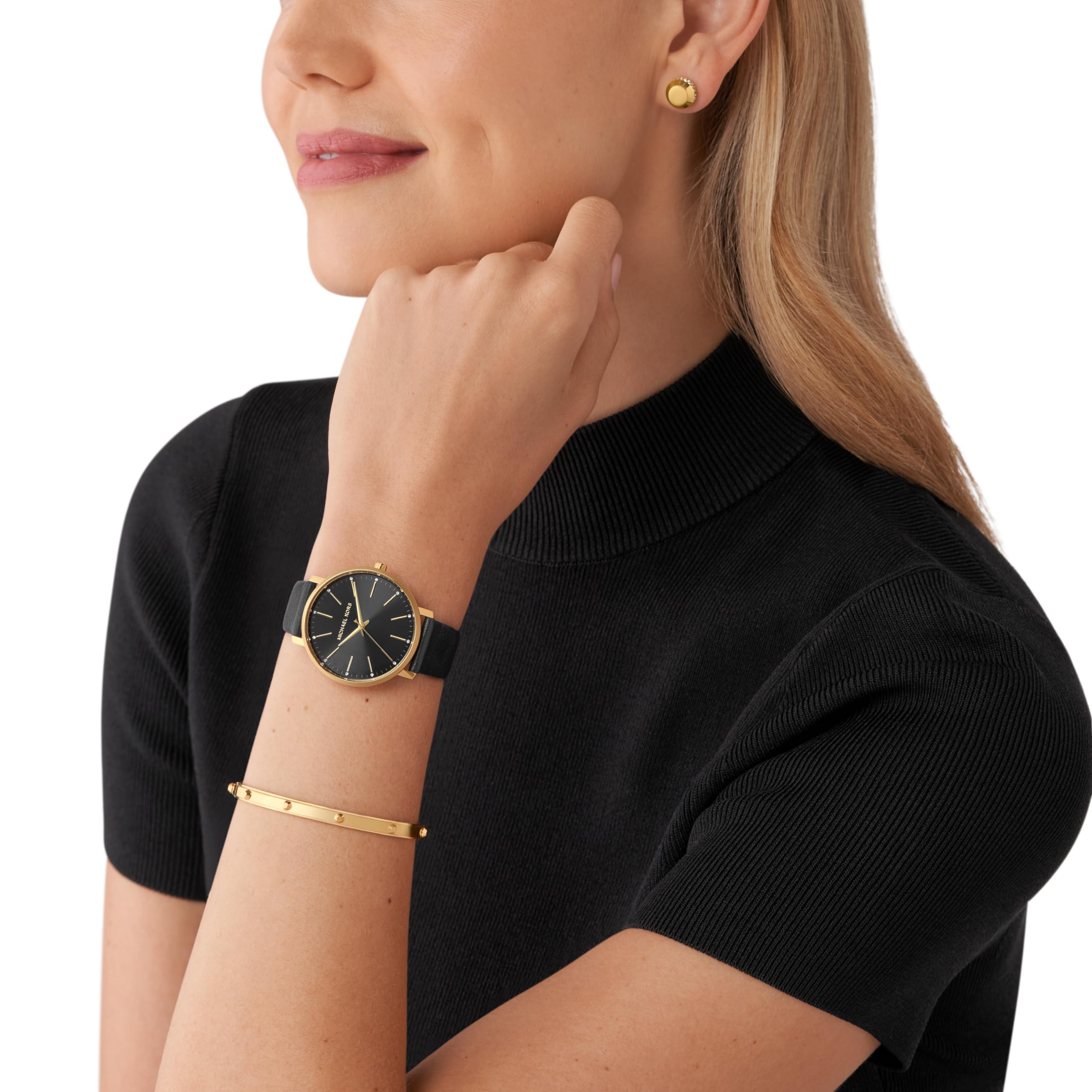 Michael Kors Pyper Three-Hand Black Leather Women's Watch and Jewelry Gift Set (Model: MK1077SET)